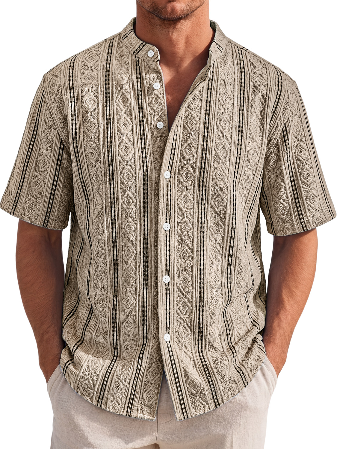Men's Short-Sleeve Casual Shirt with Stand Collar and Textured Jacquard Finish