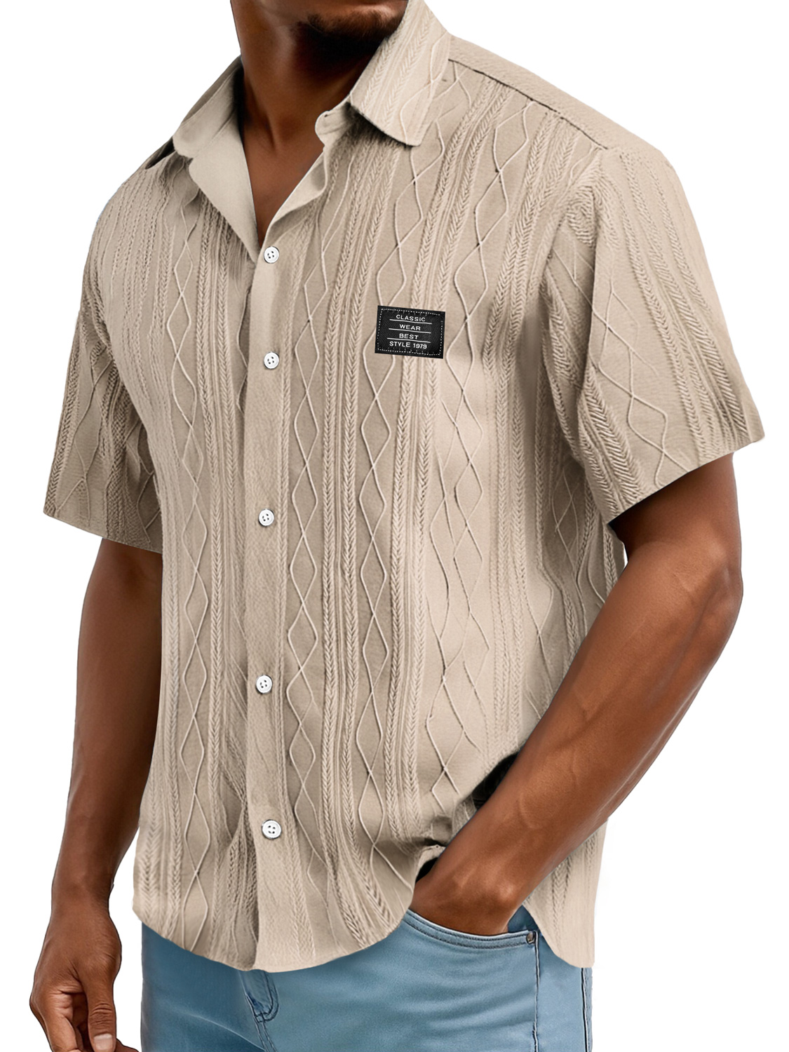 Men's Daily Casual Texture Embroidered Logo Solid Color Comfortable Short-sleeved Shirt