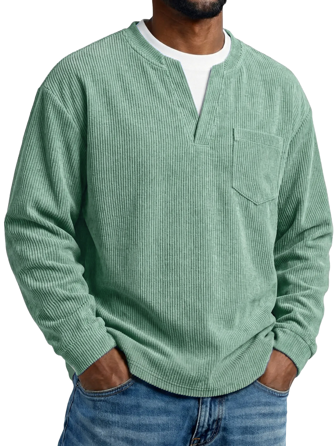 Men's Everyday Corduroy Faux Two-piece Casual Pocket Long-sleeved T-shirt