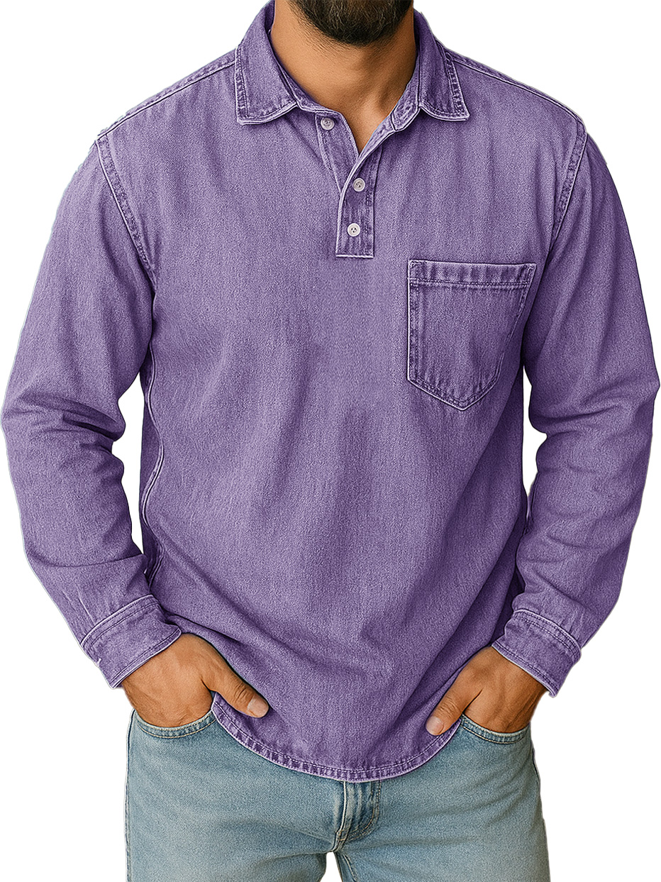Men's Stylish Vintage Distressed Pocket Lapel Long-sleeved Polo Shirt