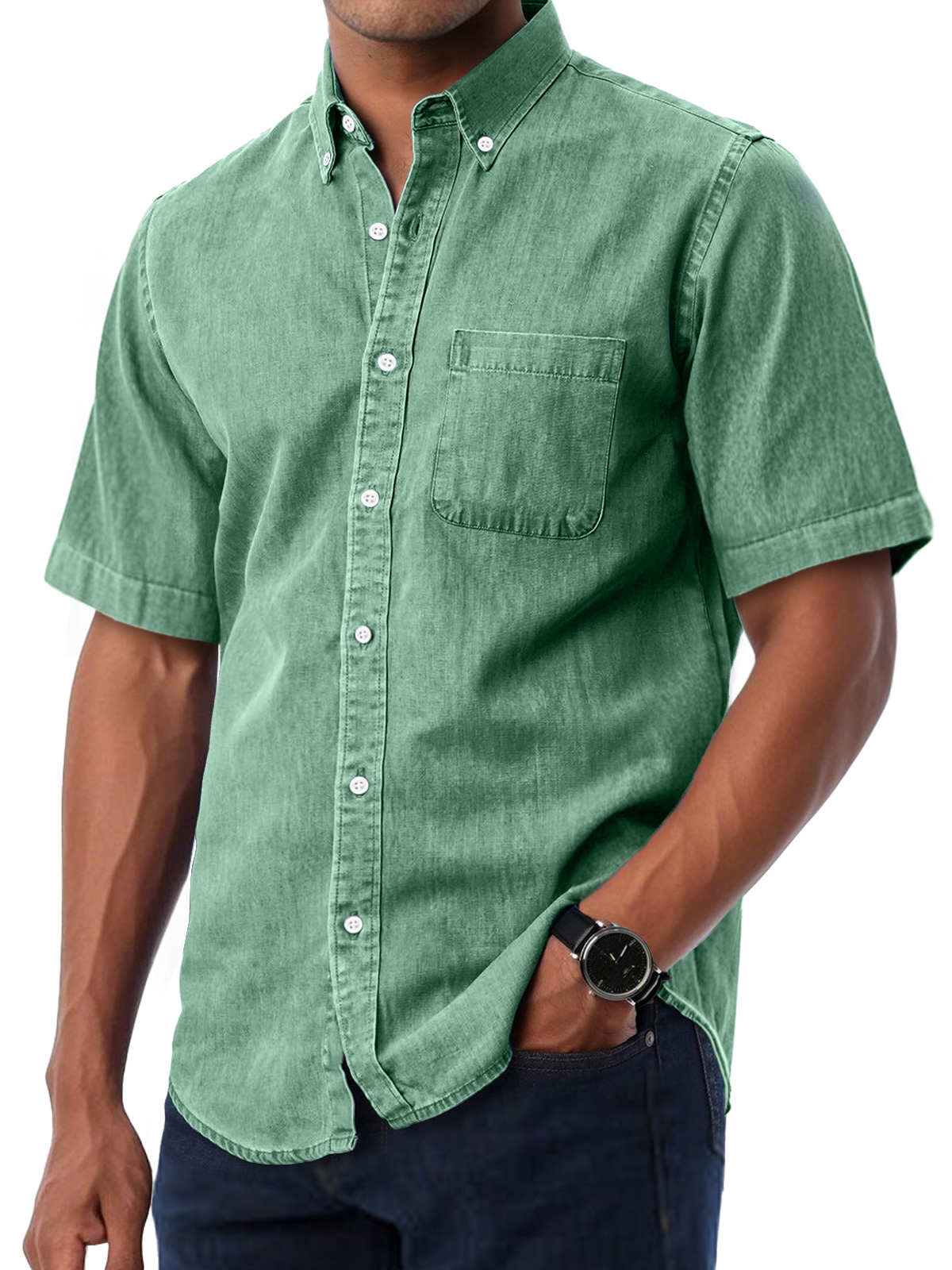 Men's Daily Casual Lapel Pocket Solid Color Comfortable Short Sleeve Shirt