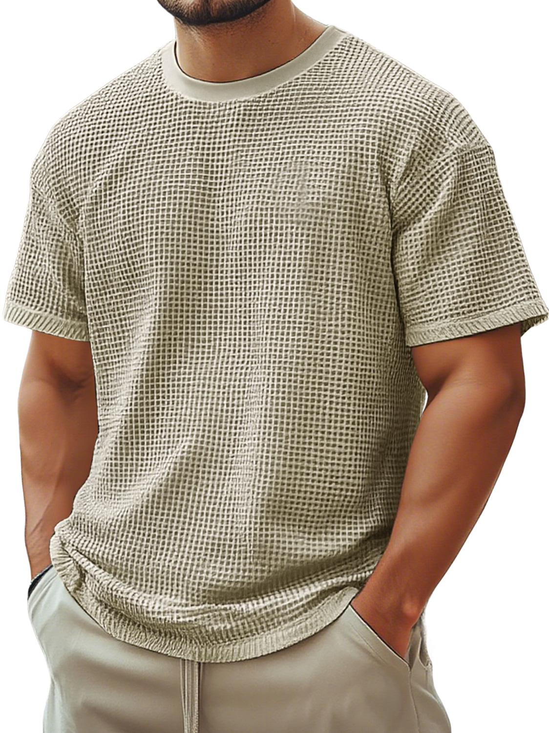 Men's Retro Crew Neck Waffle Casual Short Sleeve T-Shirt