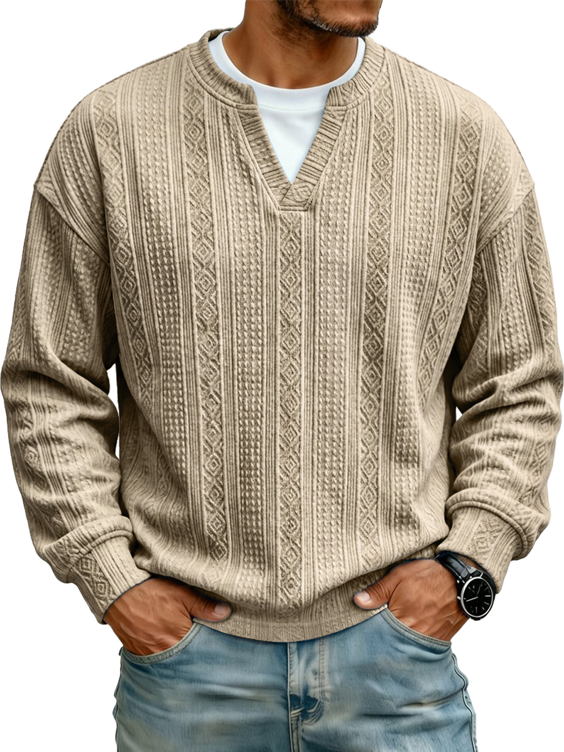 Men's Jacquard Faux Two-piece Casual Long-sleeved T-shi