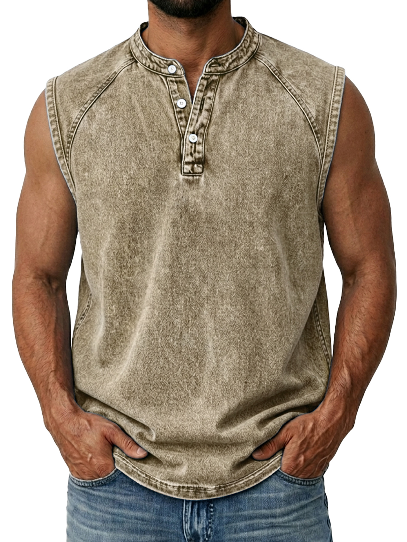 Men's Retro Raglan Collar Button Casual Sleeveless Henley Shirt