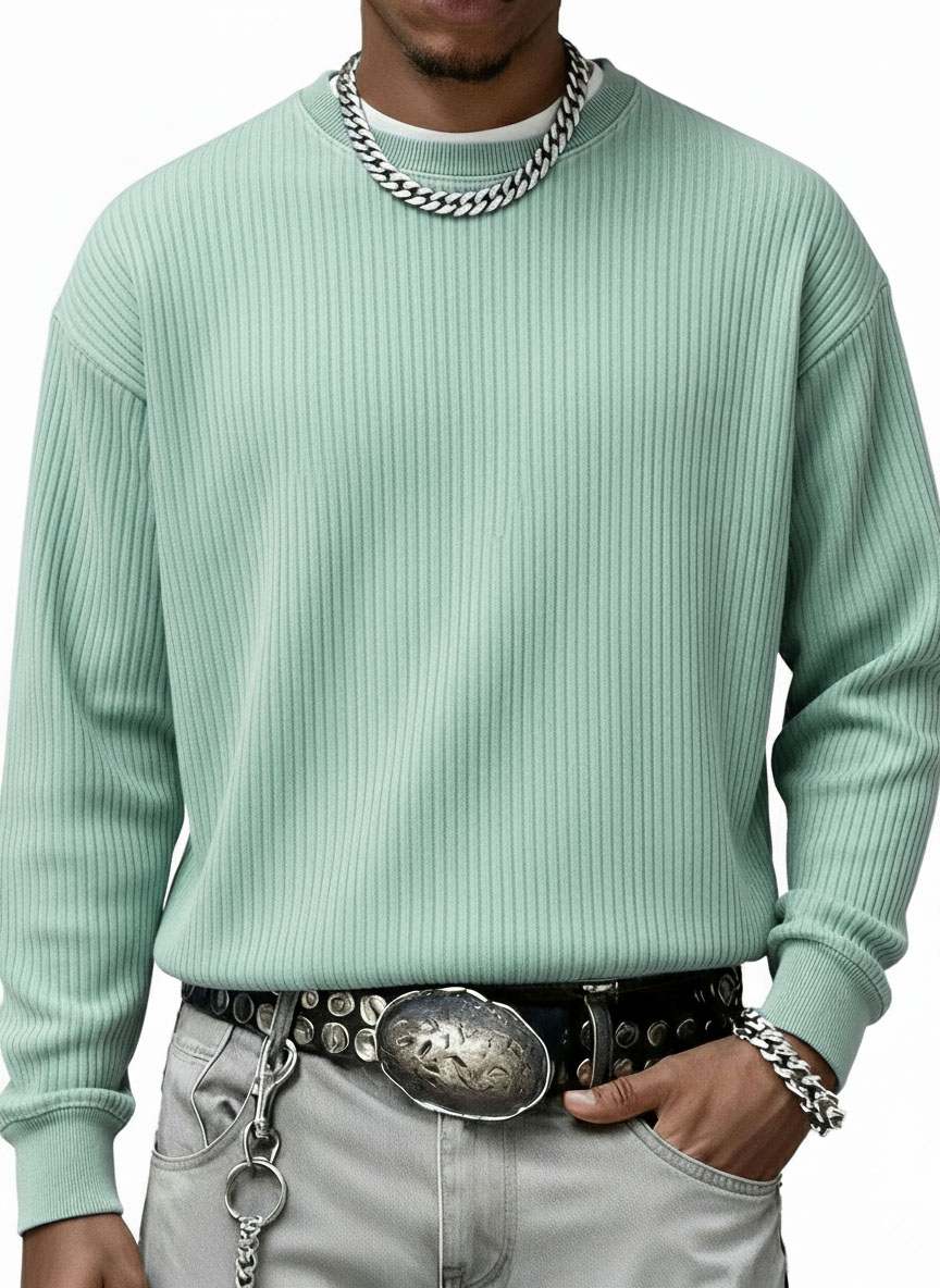Men's Stylish Casual Vintage Crewneck Ribbed Fabric Long-sleeved Base T-shirt