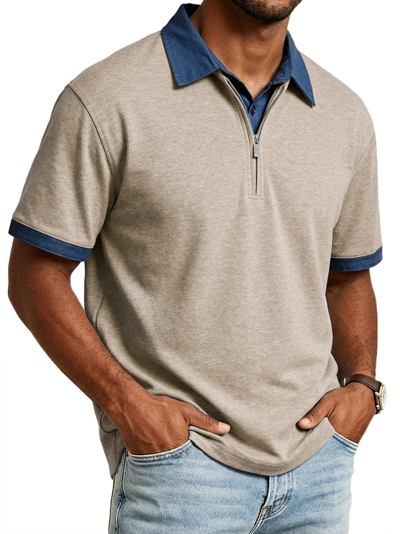 Men's Casual Faux Two-Piece Collared Zipper Color Block Short-Sleeve Polo Shirt