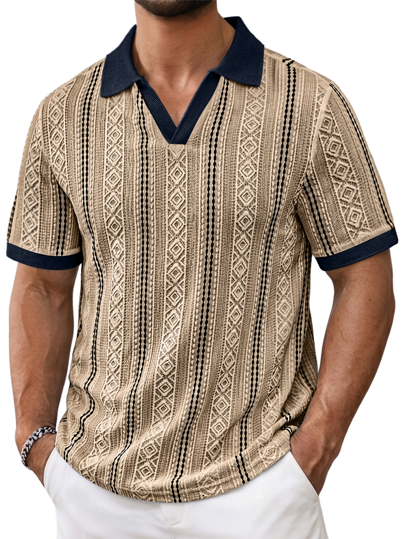 Men's Color-Blocked Seagull Collar Jacquard Textured Casual Short-Sleeve Polo Shirt