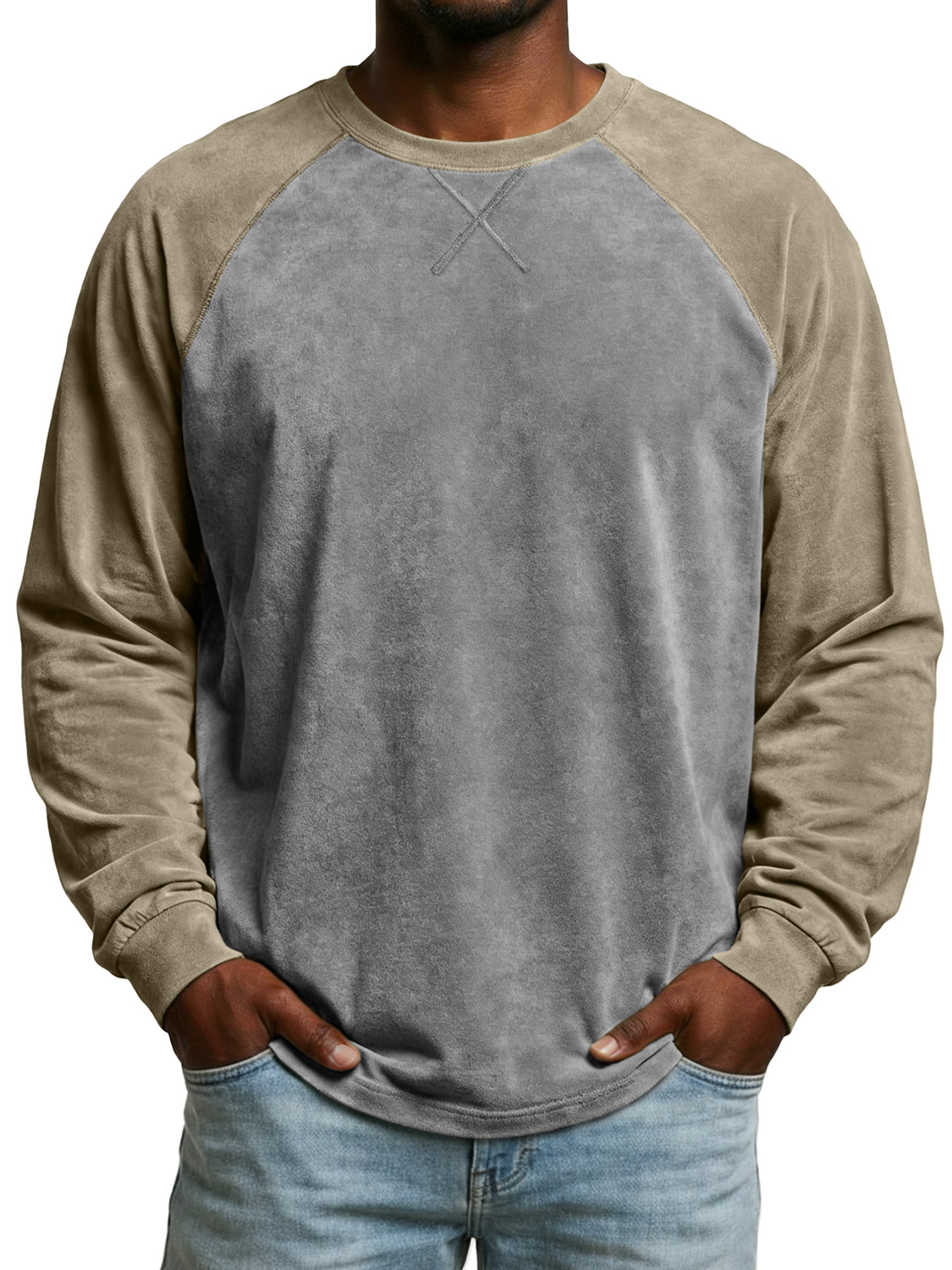 Men's Vintage Suede Patchwork Long-sleeved Casual T-shirt With Criss-cross Design