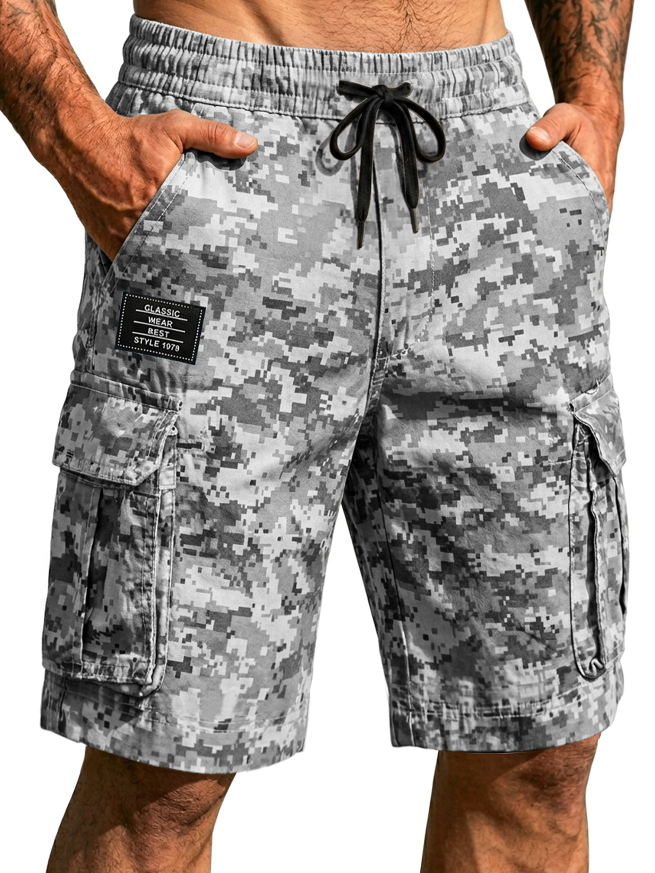 Men's Pixel Camouflage Multi-pocket Embroidered Logo Casual Work Shorts