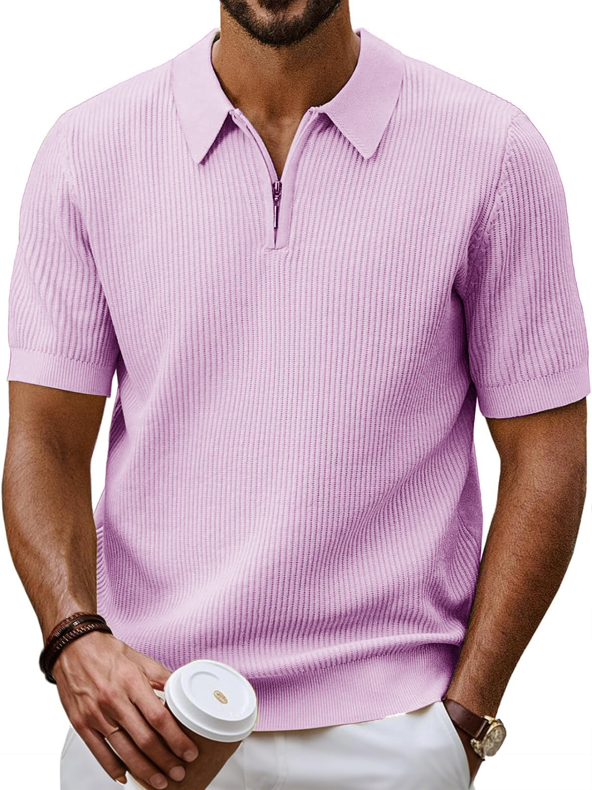 Men's Fashion Daily Casual Ripstop Fabric Zipper Short-sleeved Polo Shirt