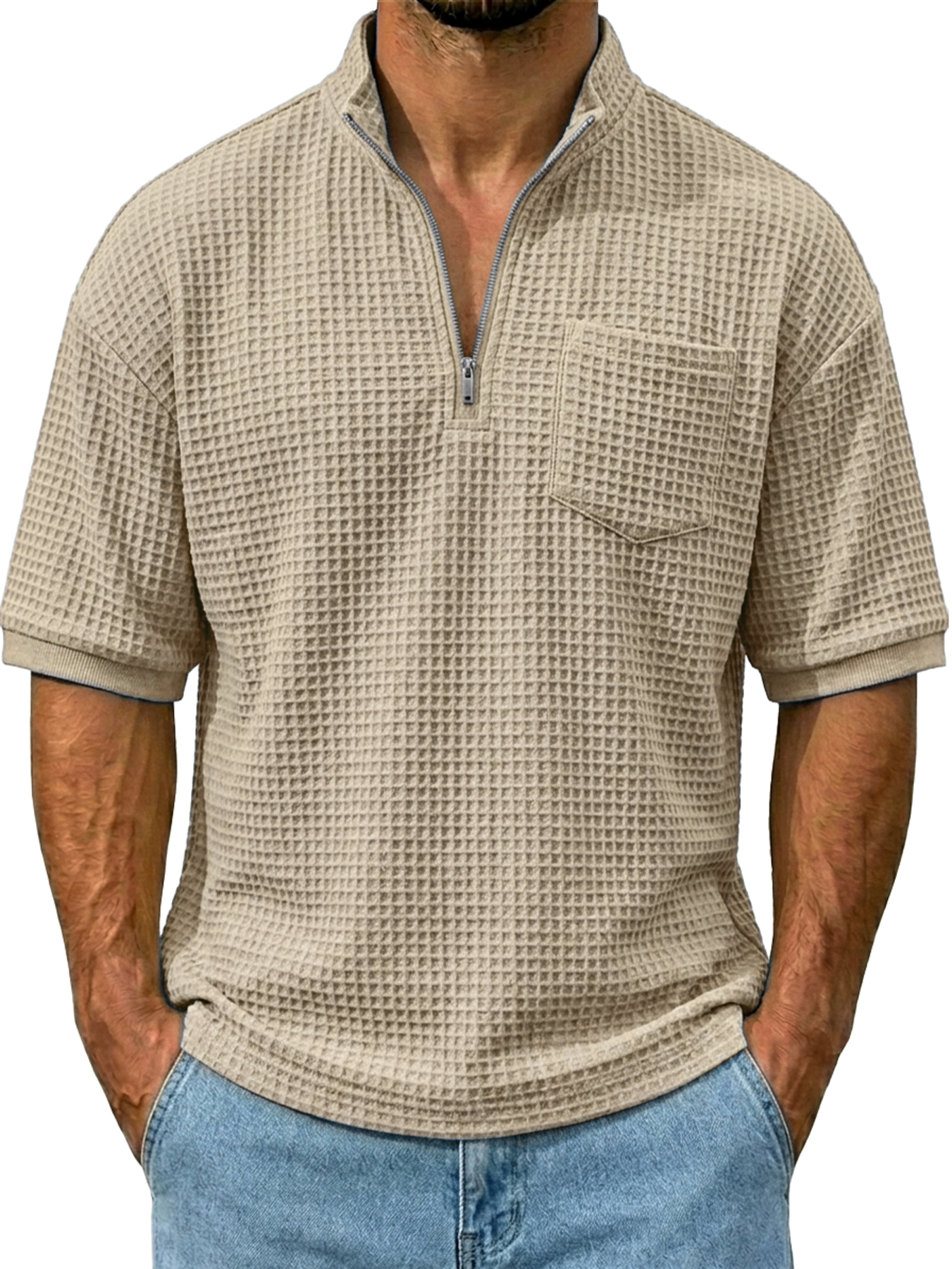 Men's Waffle Stand Collar Zipper Casual Pocket Short-sleeve T-shirt