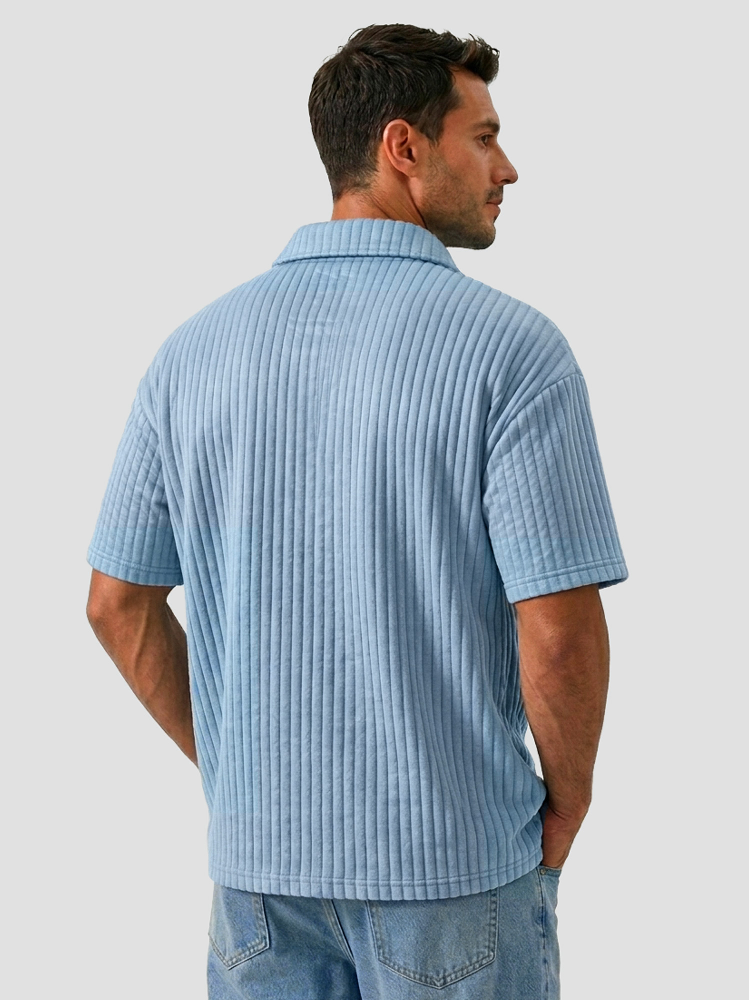 Men's Casual Solid-Color Short-Sleeve Shirt with Wide Ribbing