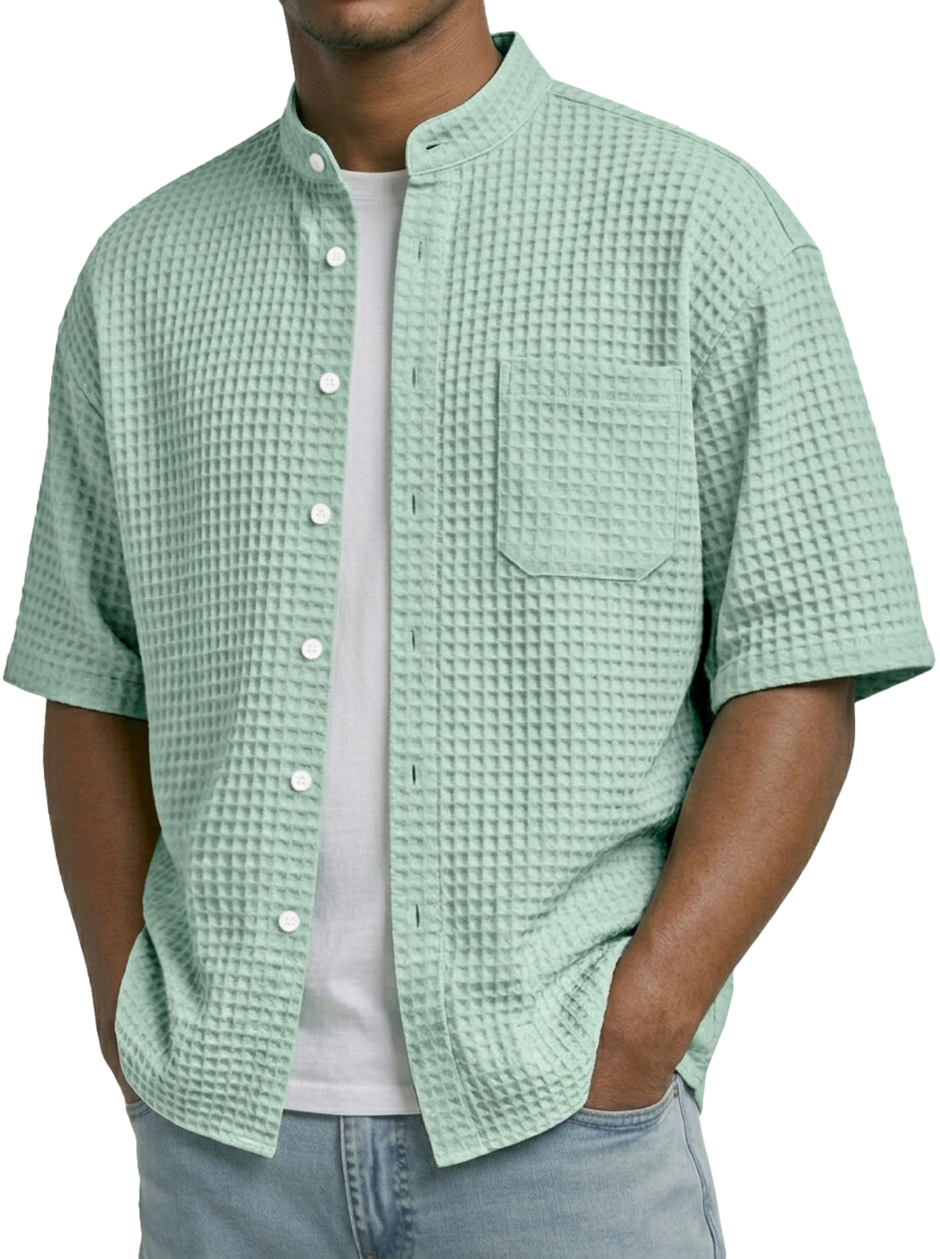 Men's Waffle Collar Stand Collar Pocket Casual Short-Sleeve Shirt