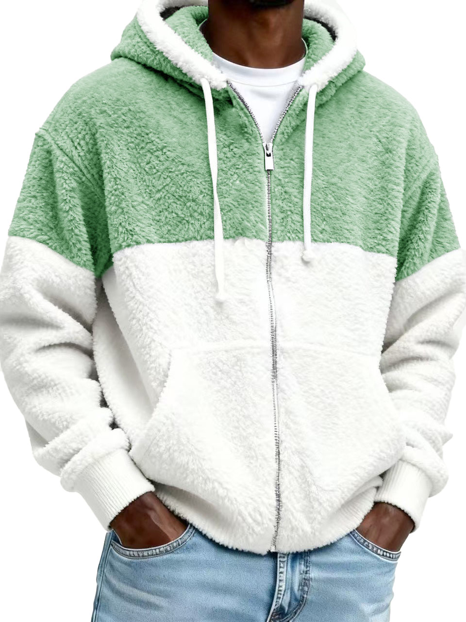 Men's Stylish Casual Patchwork Plush Warm Long-sleeved Hooded Jacket