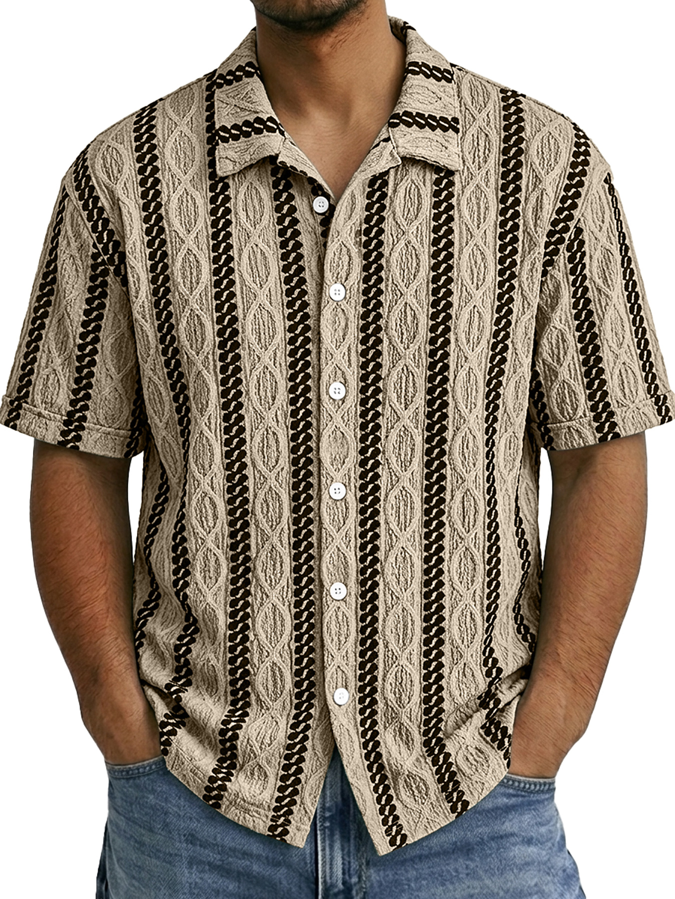 Men's Casual Jacquard Textured Solid Color Short-Sleeve Shirt