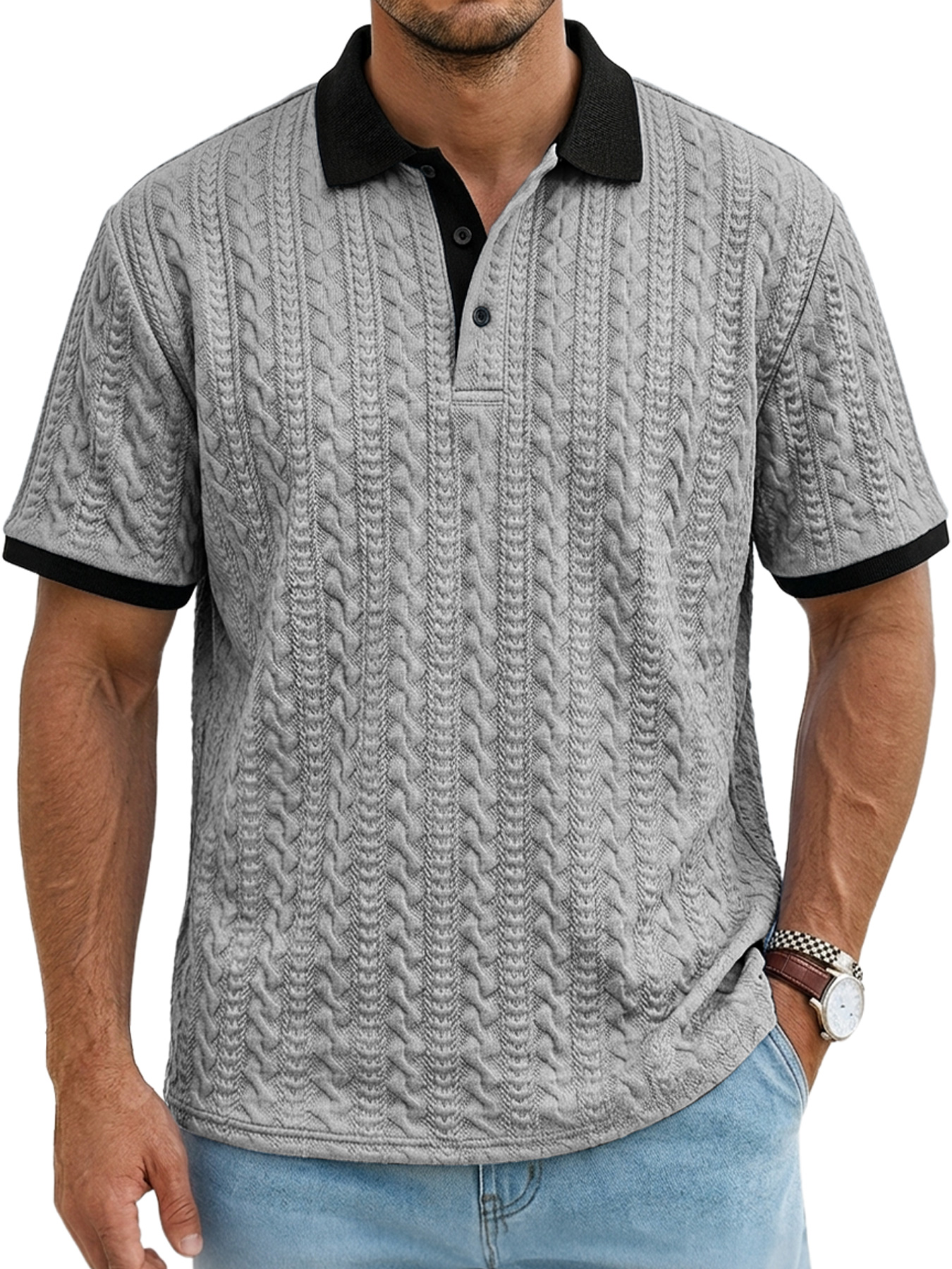 Men's Textured Collar Button-Up Casual Comfort Short-Sleeve Polo Shirt