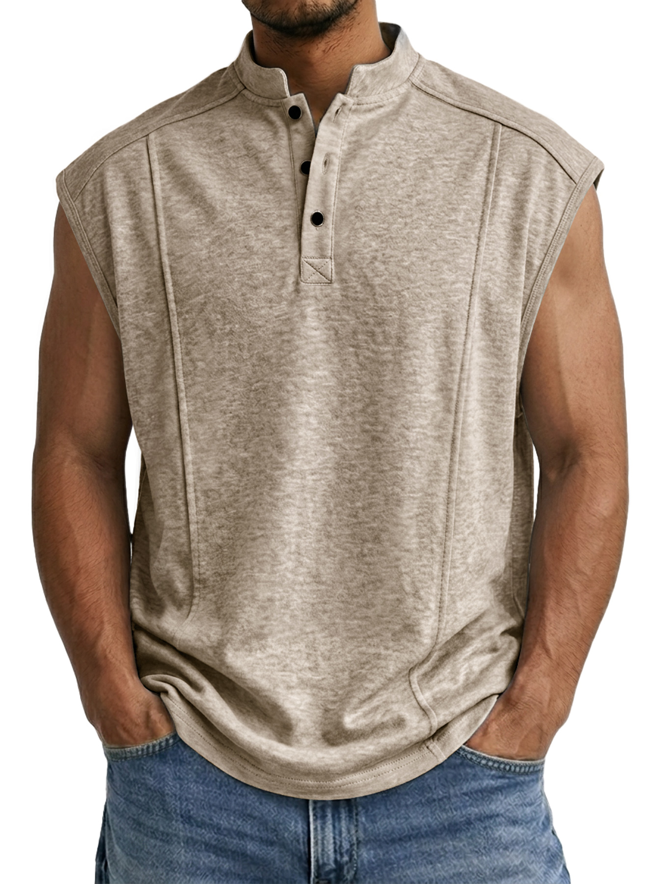 Men's Casual Stand Collar Button Deconstructed Design Solid Color Sleeveless Vest