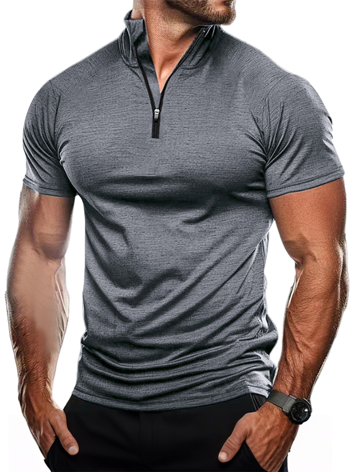 Men's Casual Stand Collar Zipper Quick-drying Solid Color Short-sleeved T-shirt