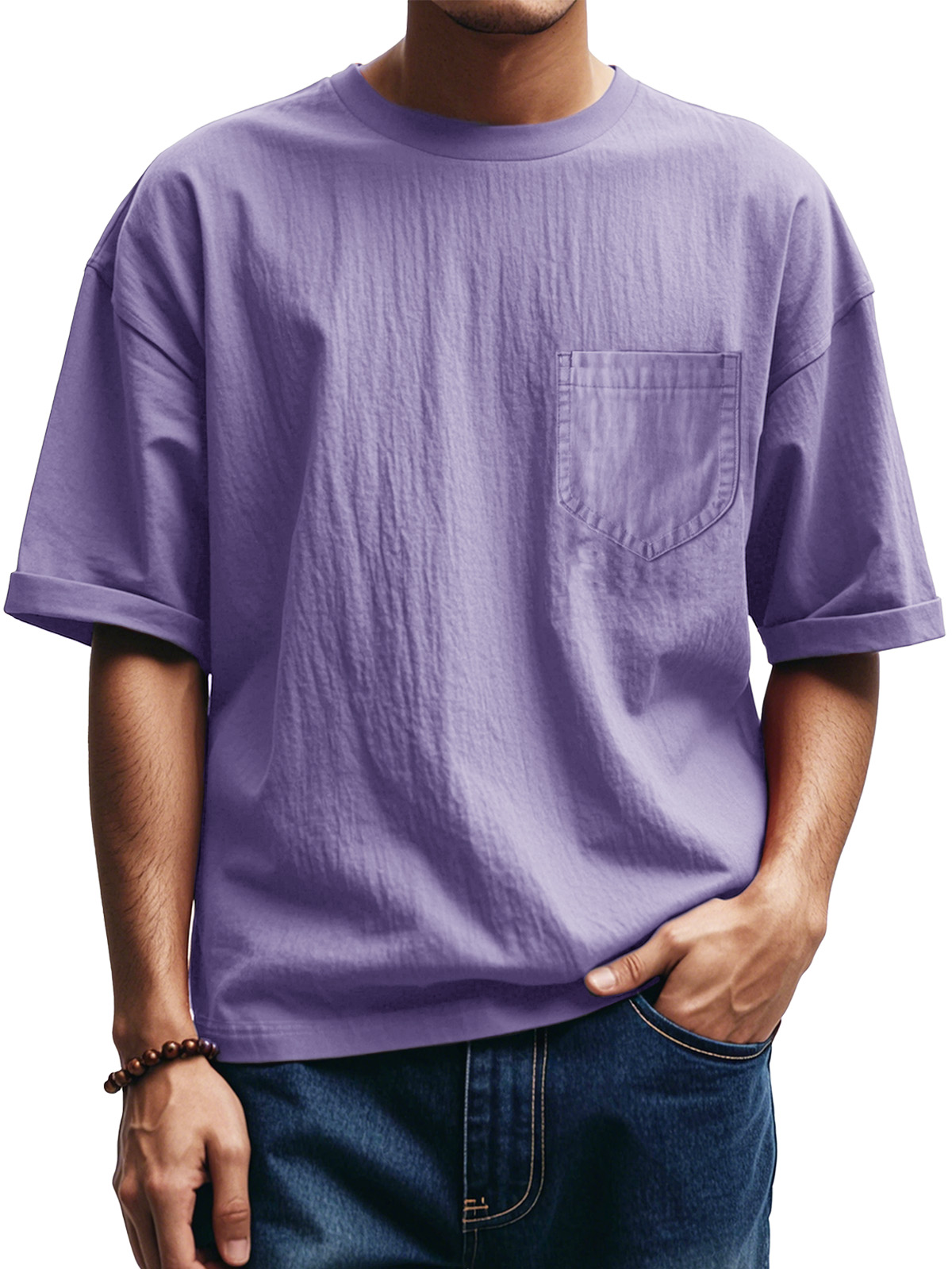 Men's Fashion Casual Pleated Round Neck Short Sleeve Pocket T-Shirt