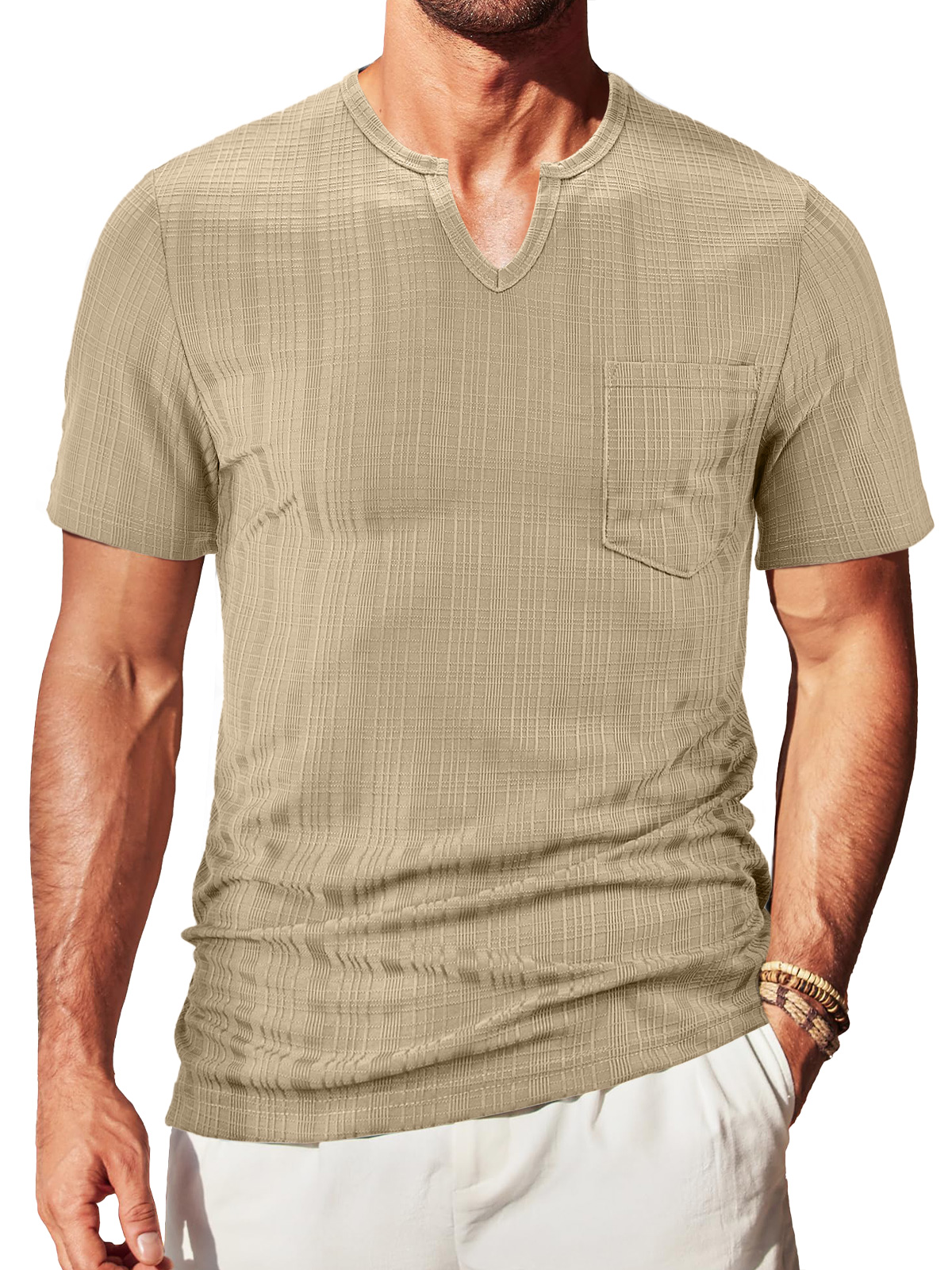 Men's V-neck Textured Pocket Solid Color Short-sleeved T-shirt