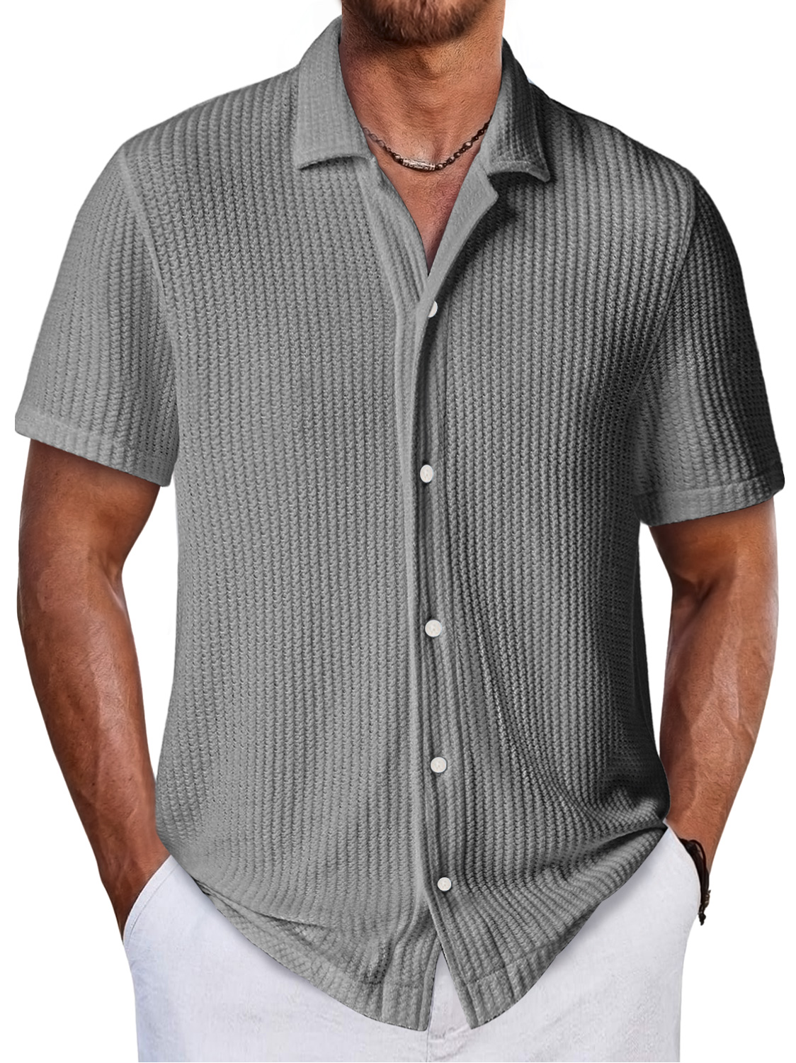 Men's Daily Waffle Texture Casual And Comfortable Short-sleeved Shirt