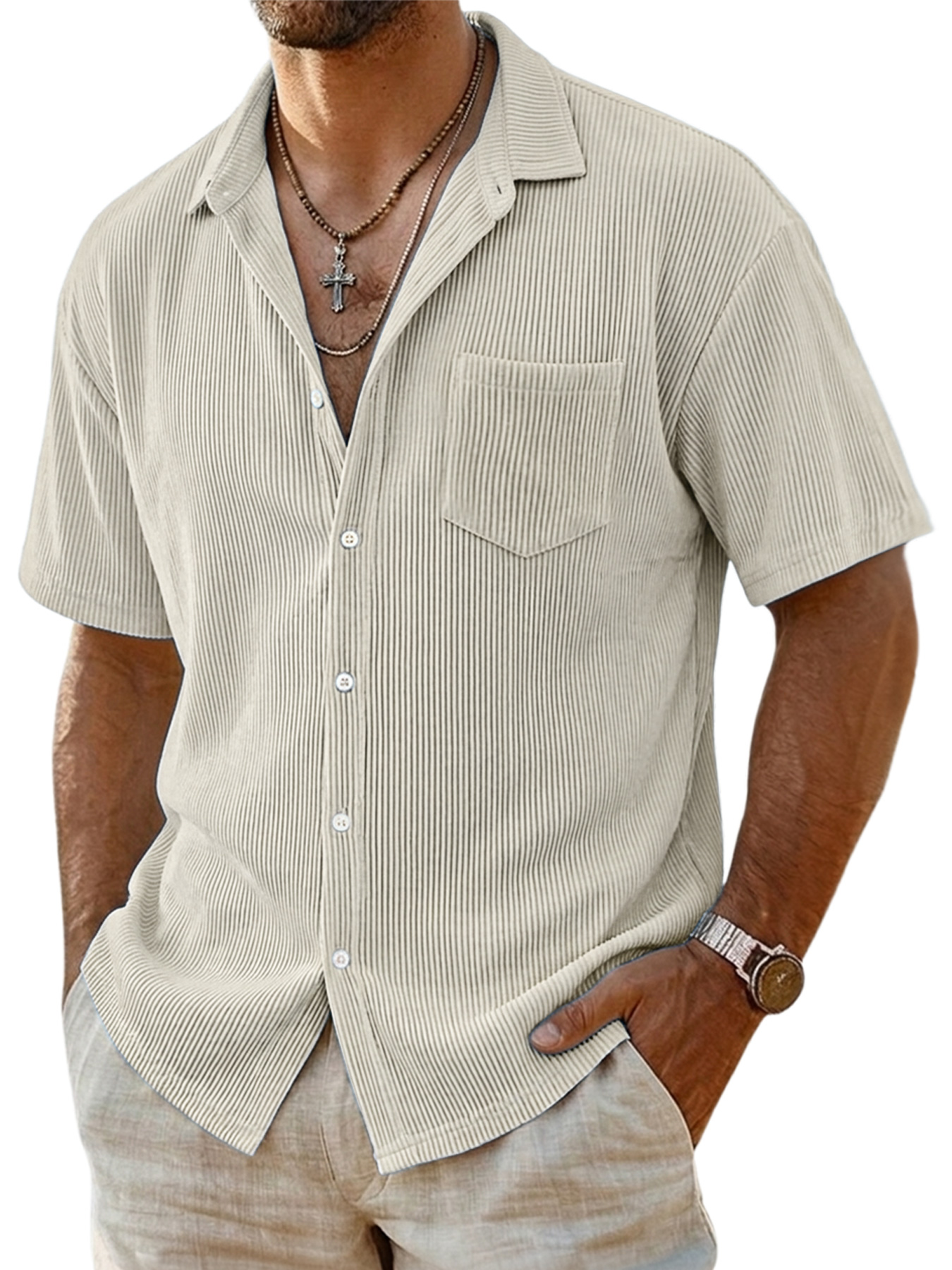 Men's Casual Ribbed Pocket Short-sleeved Shirt