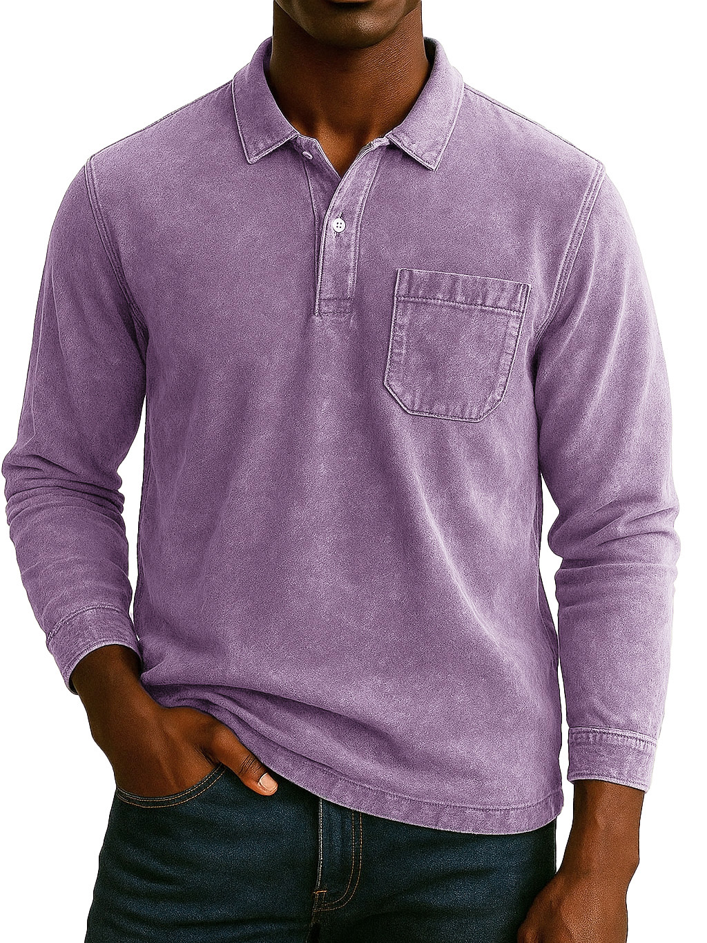 Men's Retro-chic Distressed Pocket Lapel Long-sleeved Polo Shirt