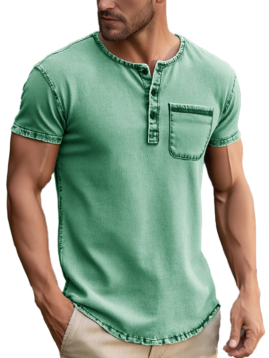 Men's Fashion Daily Distressed Fabric Pocket Short-sleeved Henley Shirt