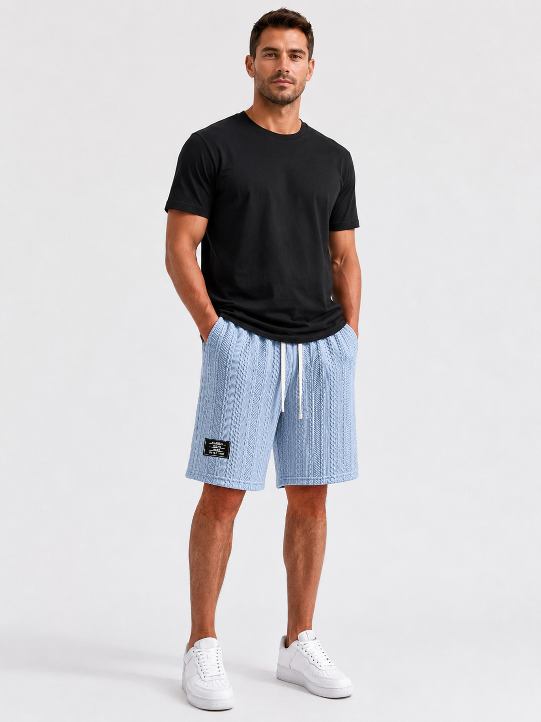 Men's Textured Embroidered Logo Elastic-Waist Casual Shorts