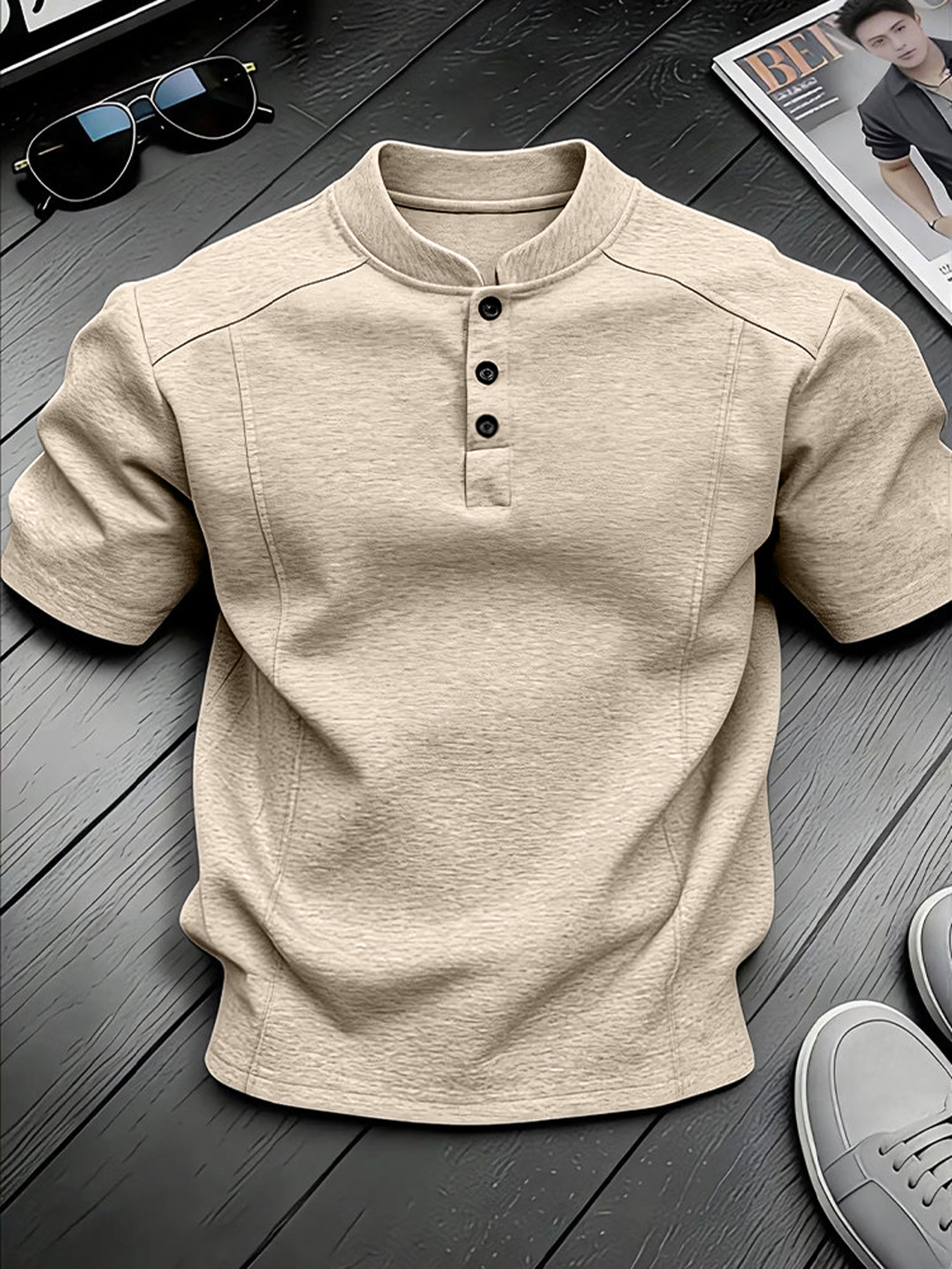 Men's Stand-up Collar Button-down Design Casual Short-sleeved Henley Shirt