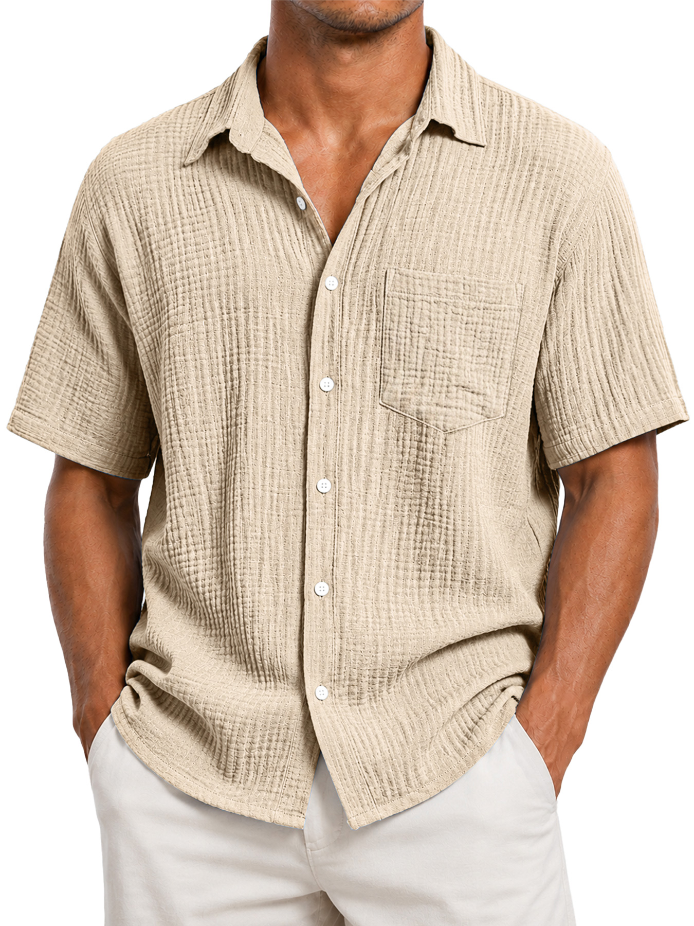 Men's Casual Solid-Color Short-Sleeve Shirt with Textured Pleats and Pocket