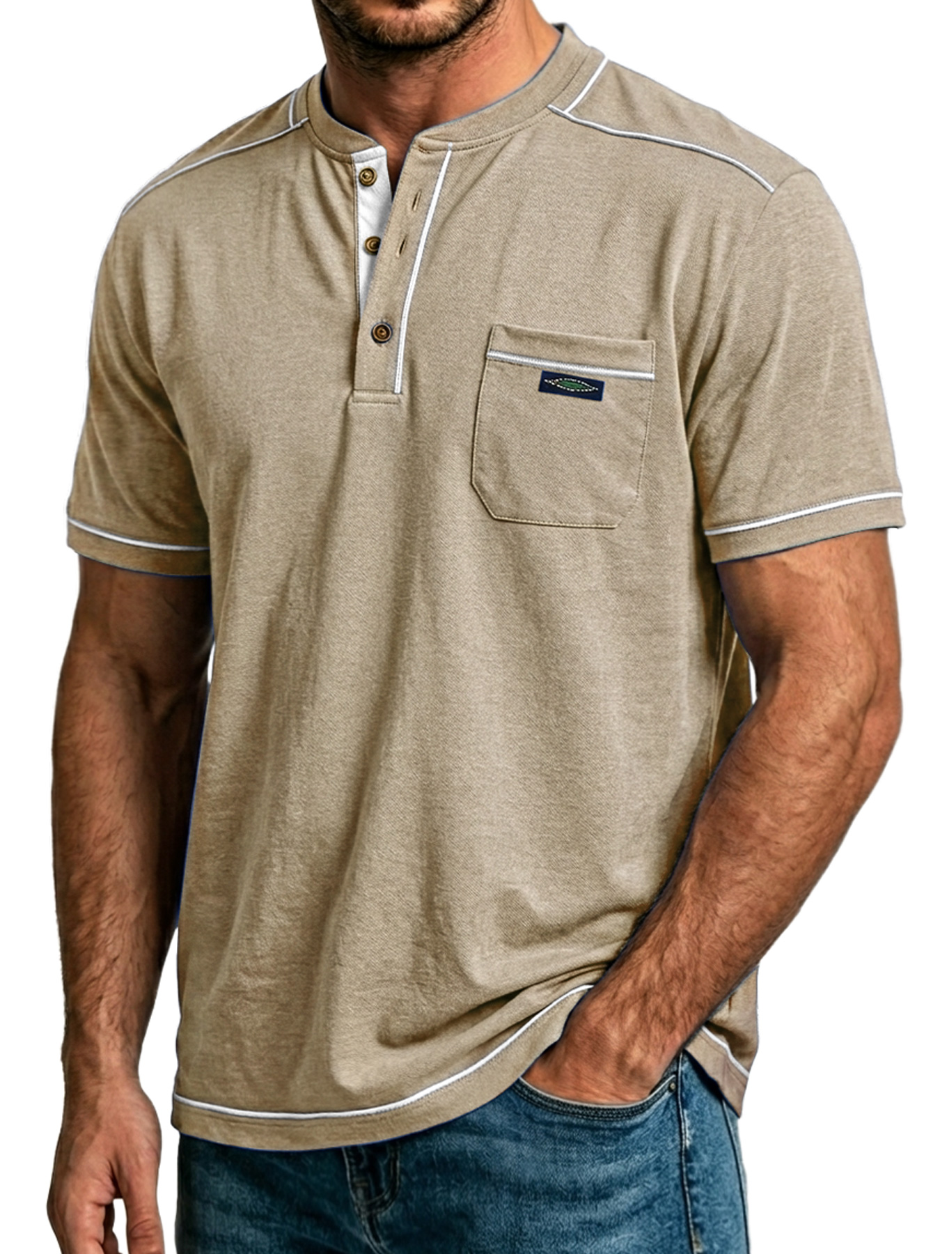 Men's Everyday Pocket Embroidered Label Casual Short-sleeved Henley Shirt