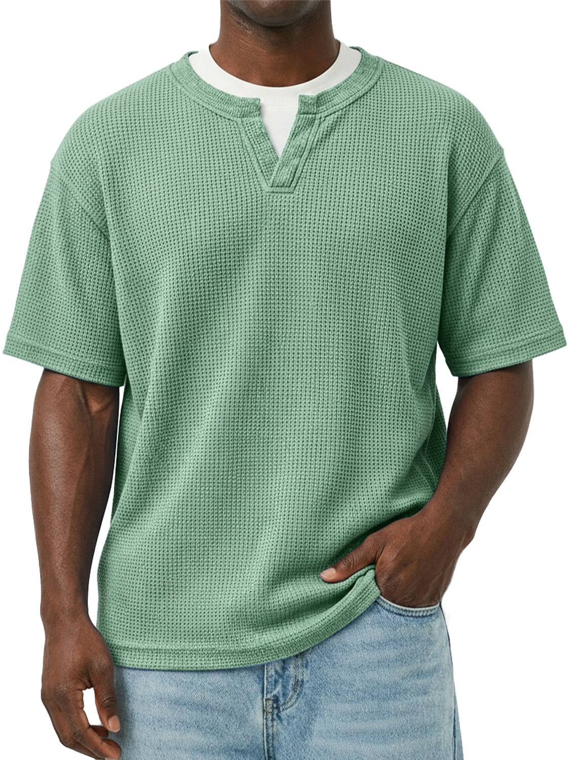 Men's Waffle-knit Double-layered Collar Faux Two-piece Casual Long-sleeved T-shirt