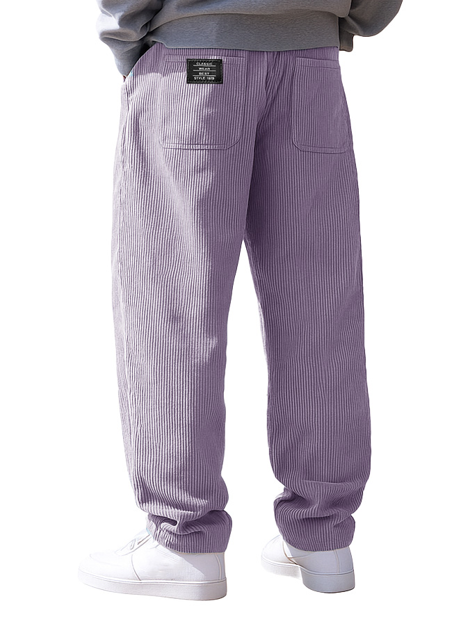 Men's Stylish Everyday Corduroy Fabric Pocket Loose Drawstring Elastic Waist Embroidered Logo Trousers