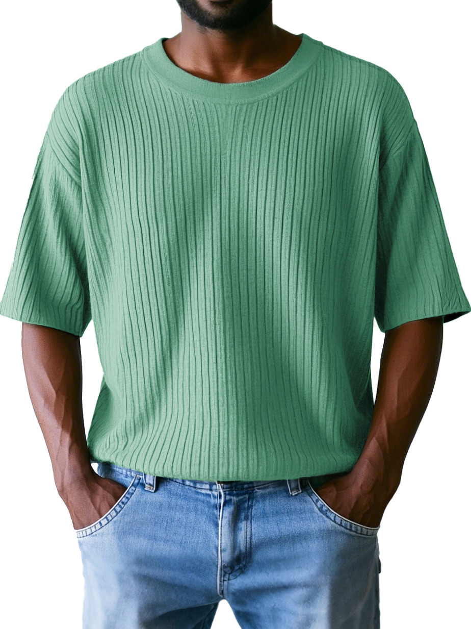 Men's Fashion Casual Ribbed Fabric Short-sleeved Round Neck T-shirt
