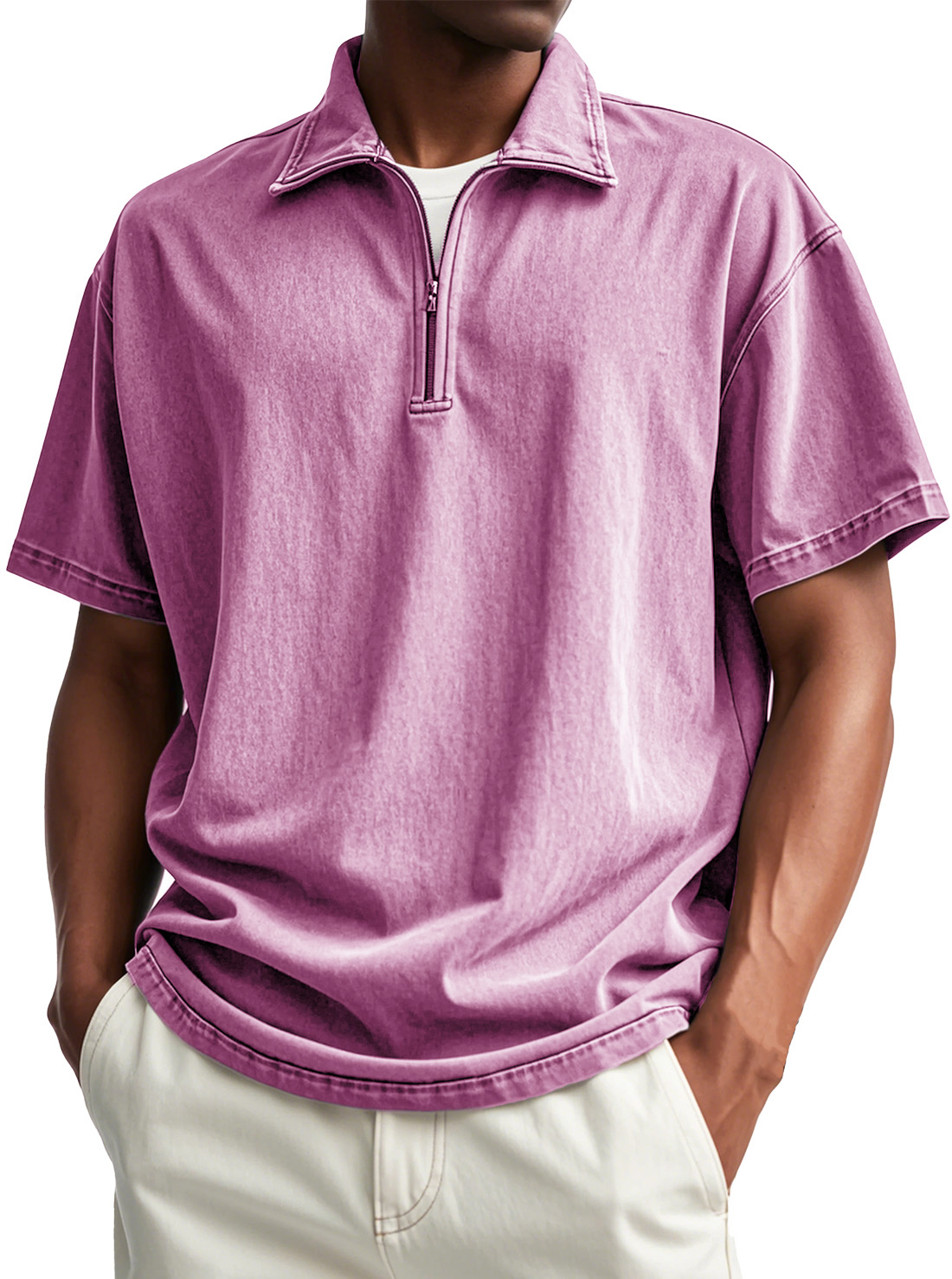 Men's Fashion Retro Distressed Short Sleeve Stand Collar Zip Polo Shirt