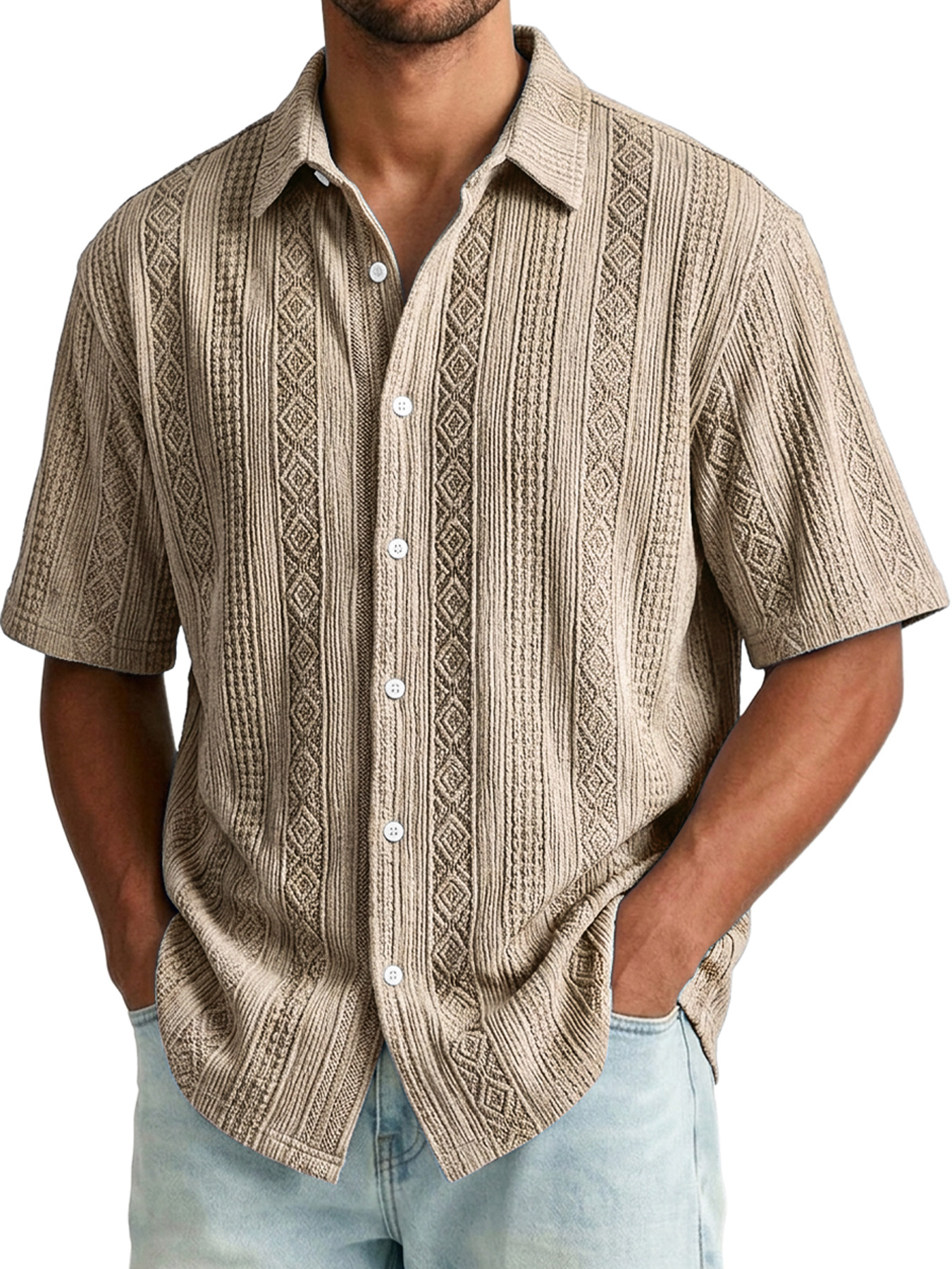 Men's Jacquard Textured Casual And Comfortable Short-sleeved Shirt