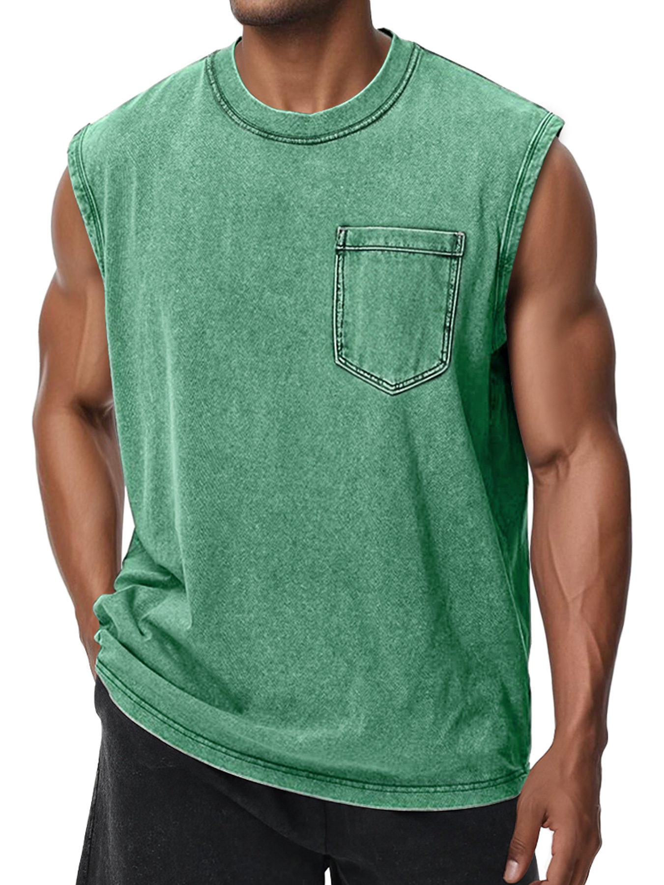 Men's Retro Washed Cotton Round Neck Pocket Casual Sleeveless Vest