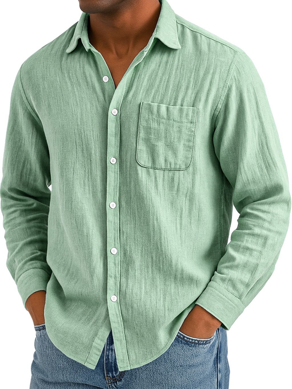 Men's Daily Casual Cotton And Linen Pocket Comfortable Long-sleeved Shirt