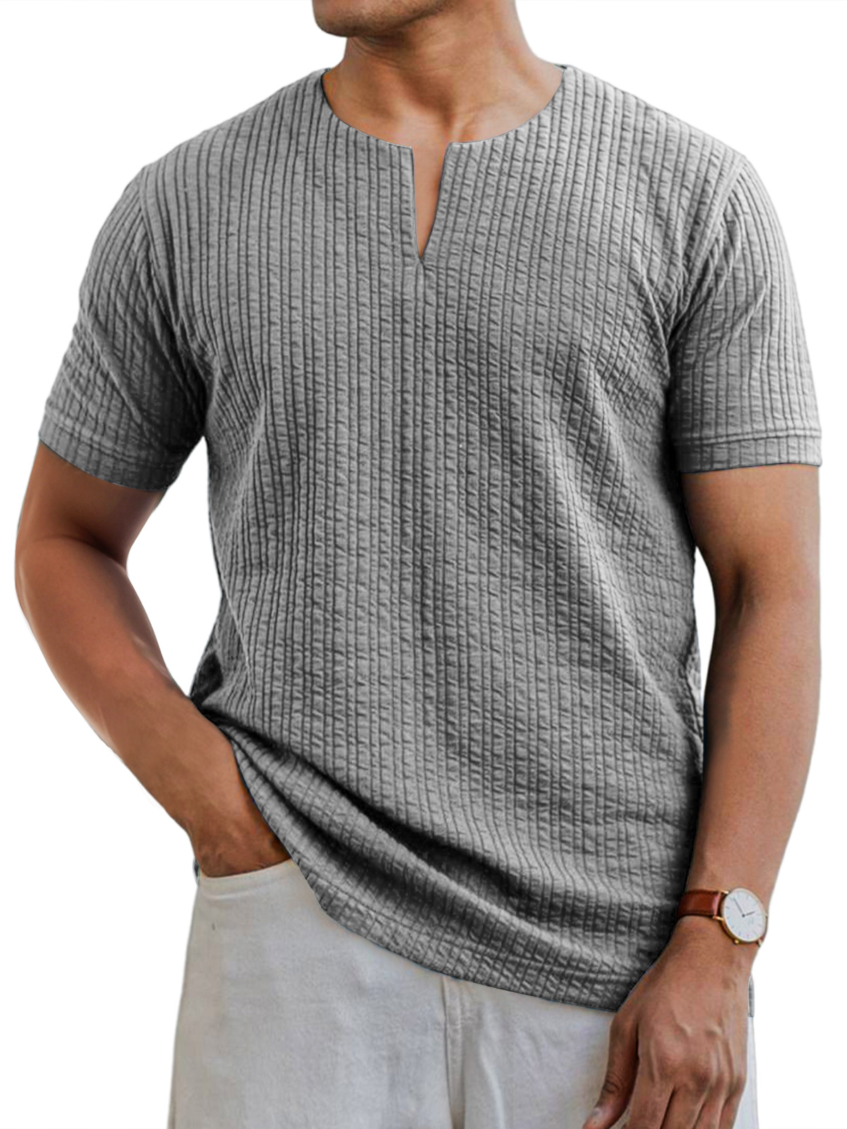 Men's Daily V-neck Pit Strip Casual Solid Color Short-sleeved T-shirt