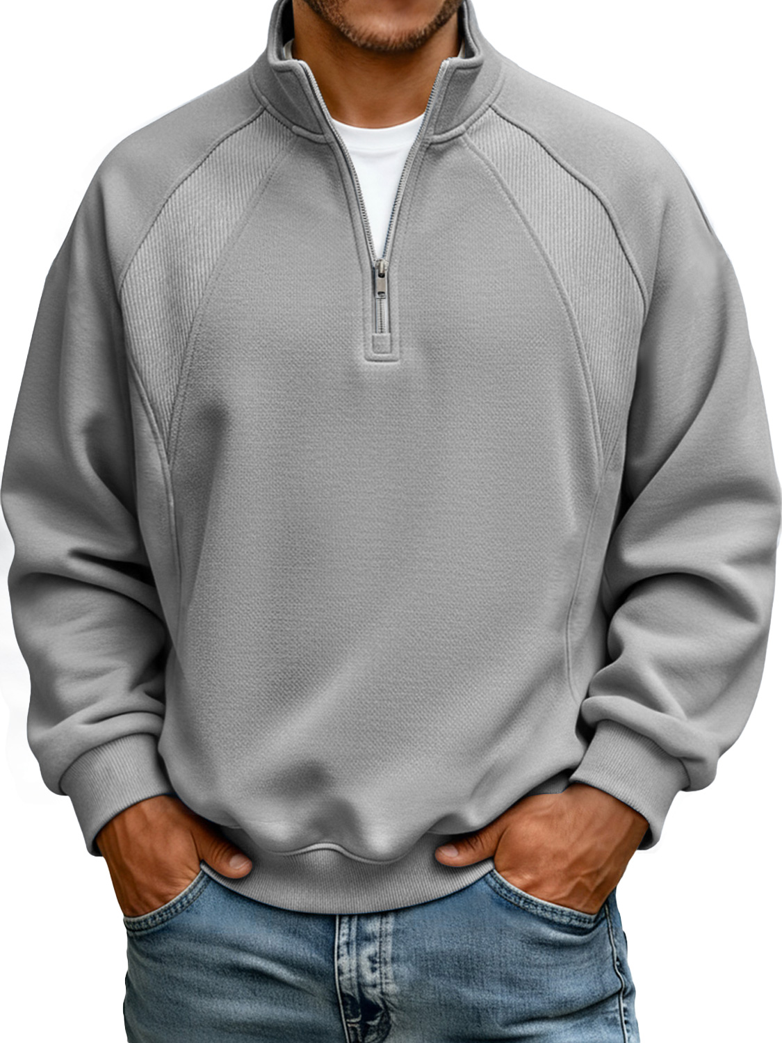Men's Stand-up Collar Zippered Raglan Stitching Casual Sweatshirt