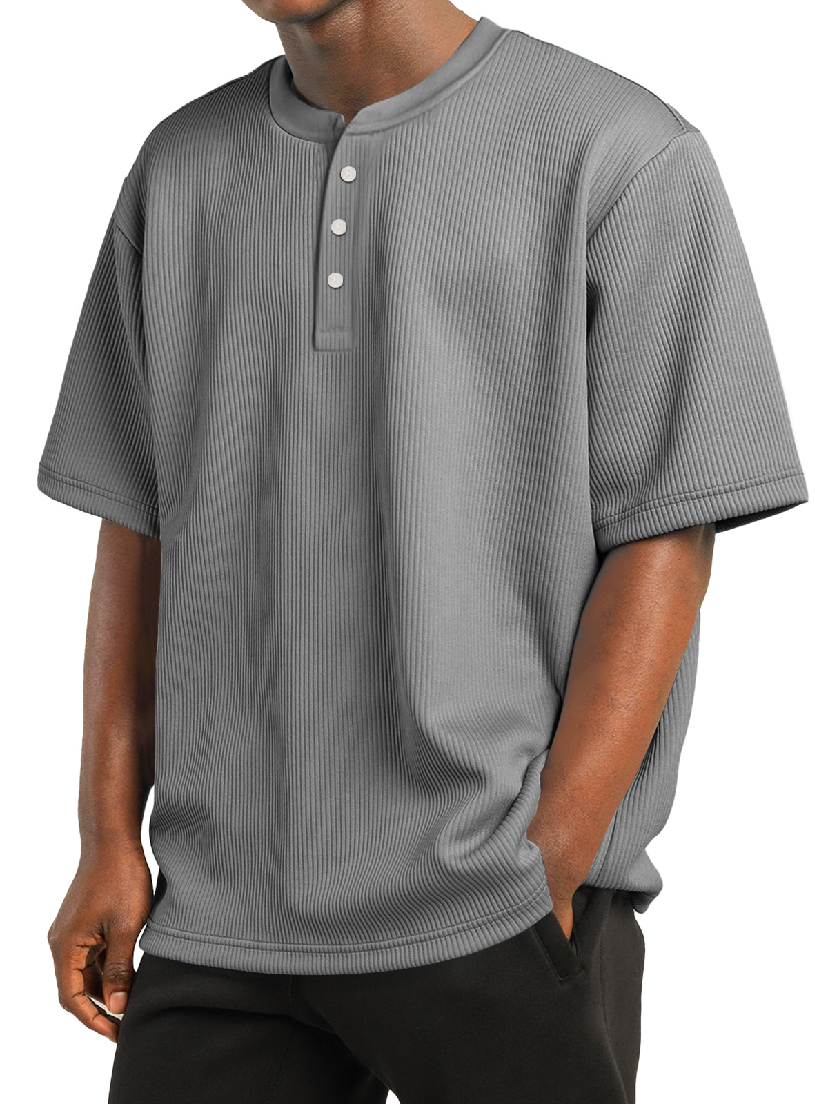 Men's Daily Striped Texture Casual Solid Color Comfortable Short Sleeve Henley Shirt