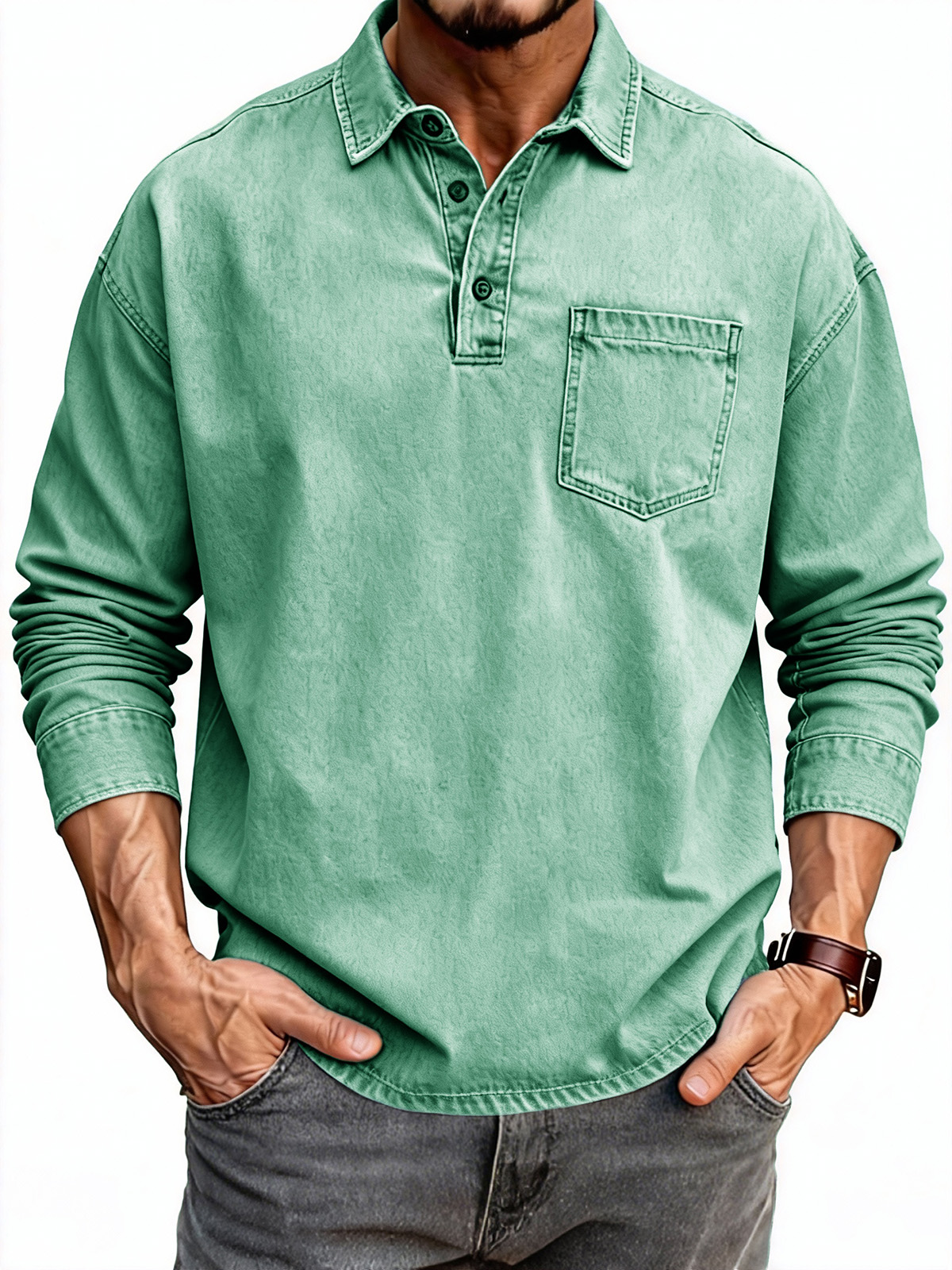 Men's Fashion Retro Distressed Lapel Pocket Long-Sleeve Polo Shirt