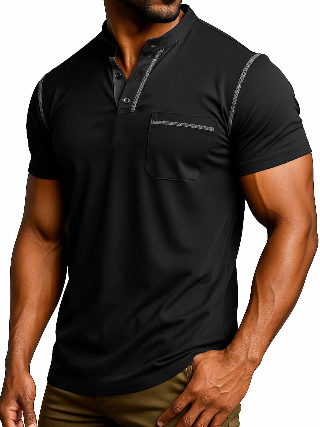 Men's Fashion Retro Outdoor Pure Cotton Patchwork Pocket Short-sleeved Henley Shirt