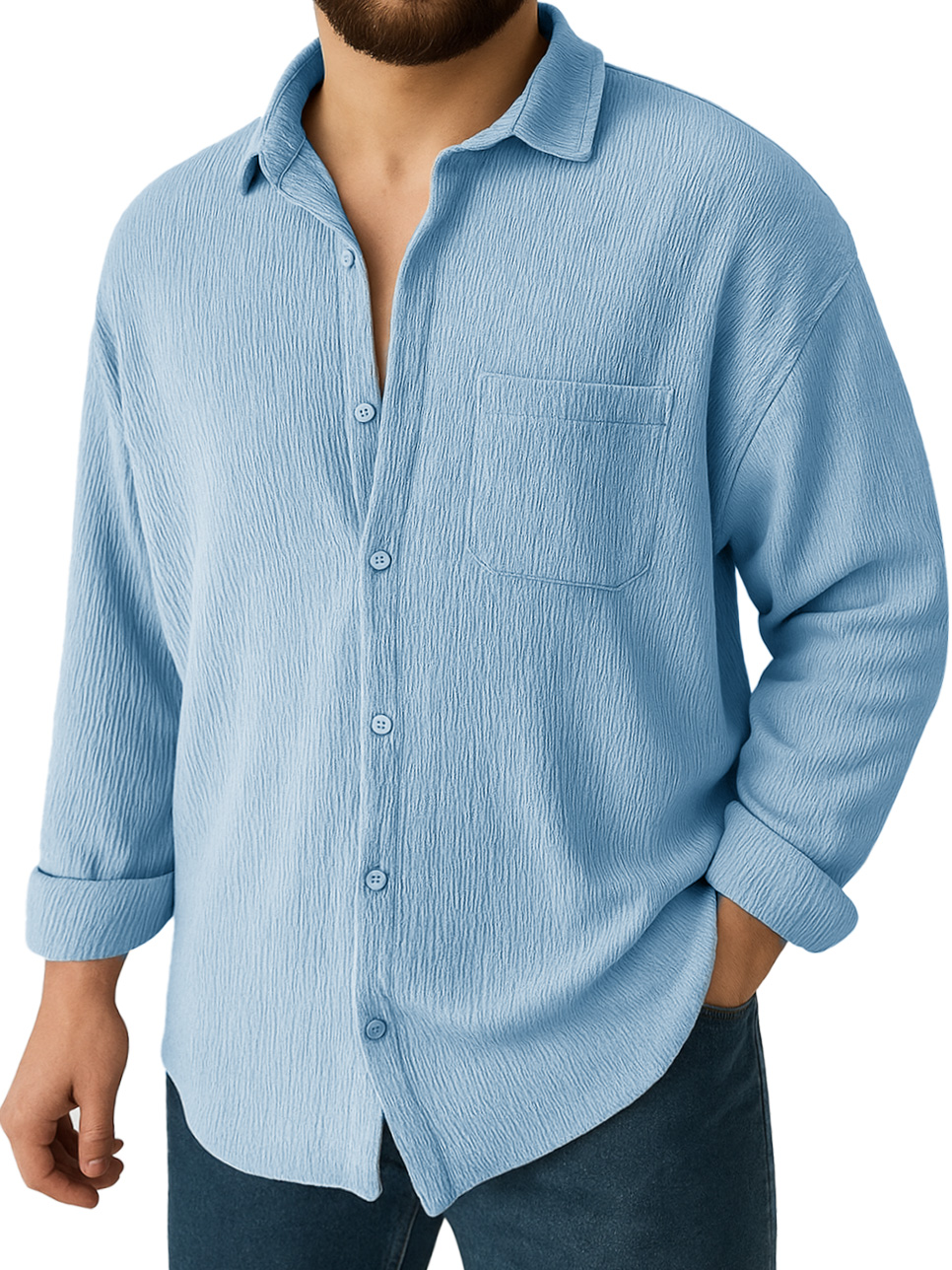 Men's Clothing Fashionable Daily Jacquard Texture Fabric Loose Pockets Long-sleeved Lapel Shirt