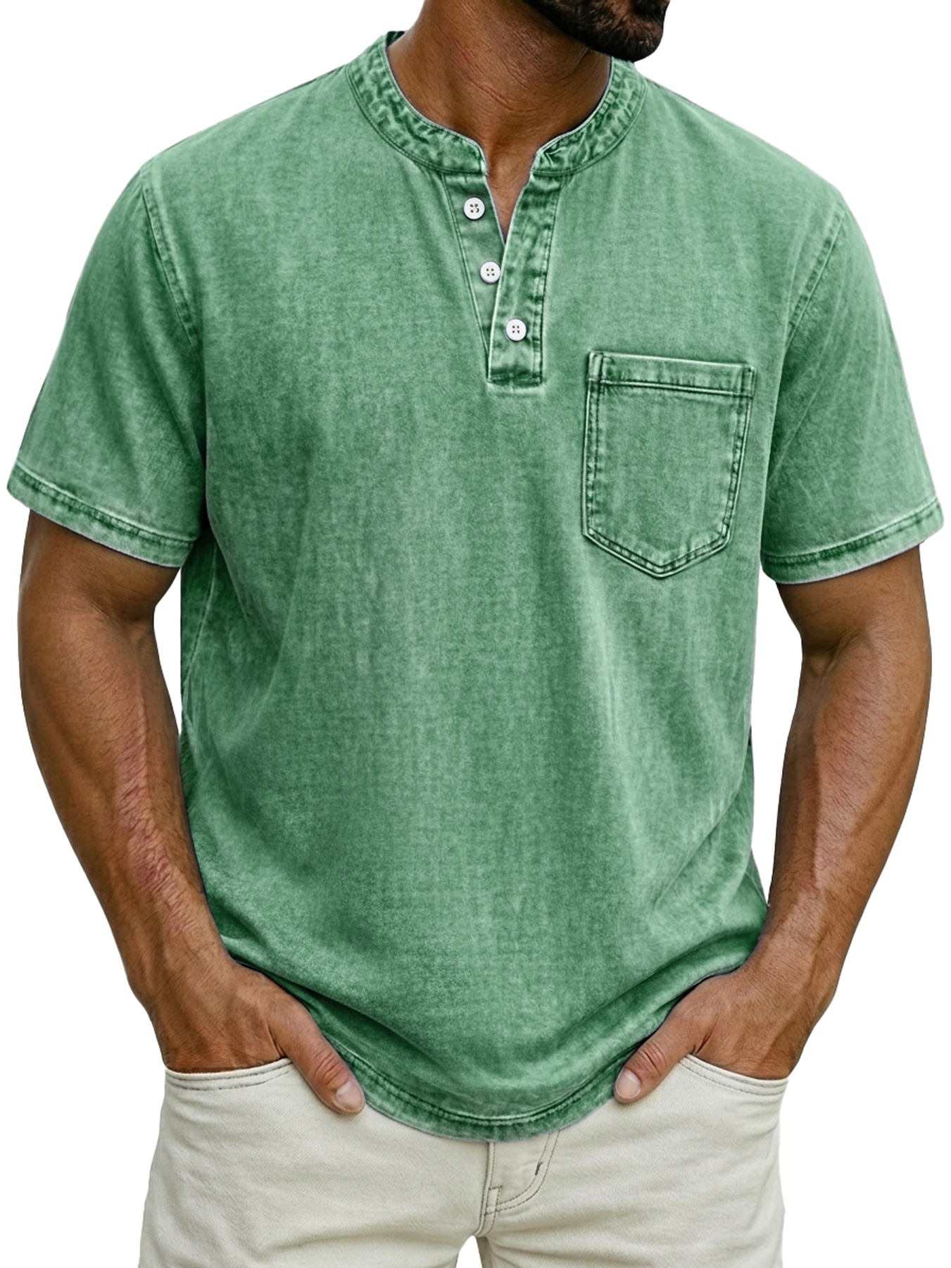 Men's Casual Retro Stand Collar Button-Down Short Sleeve Henley Shirt