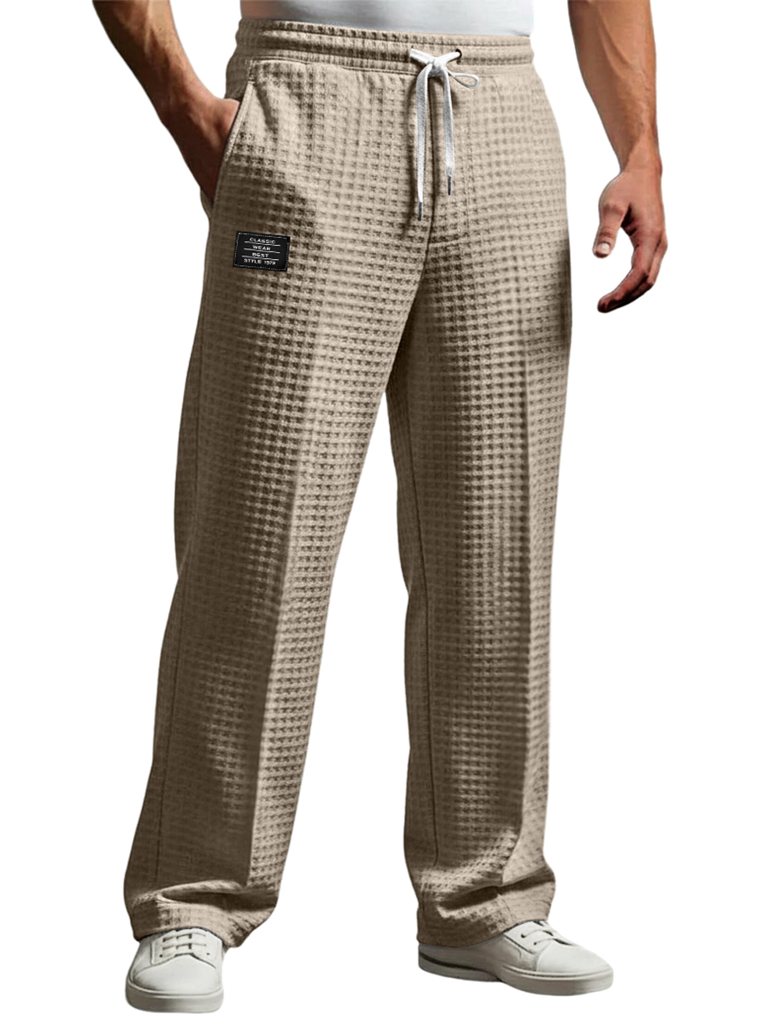 Men's Waffle Embroidered Logo Casual Loose Trousers