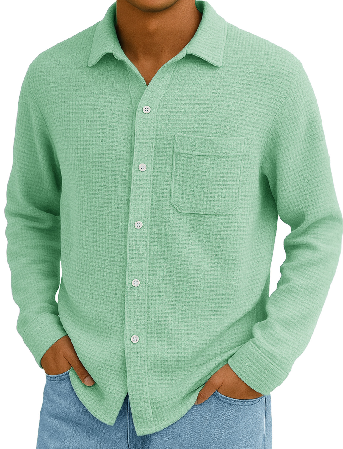 Men's Stylish Everyday Casual Waffle Fabric Pocket Lapel Long-sleeved Shirt