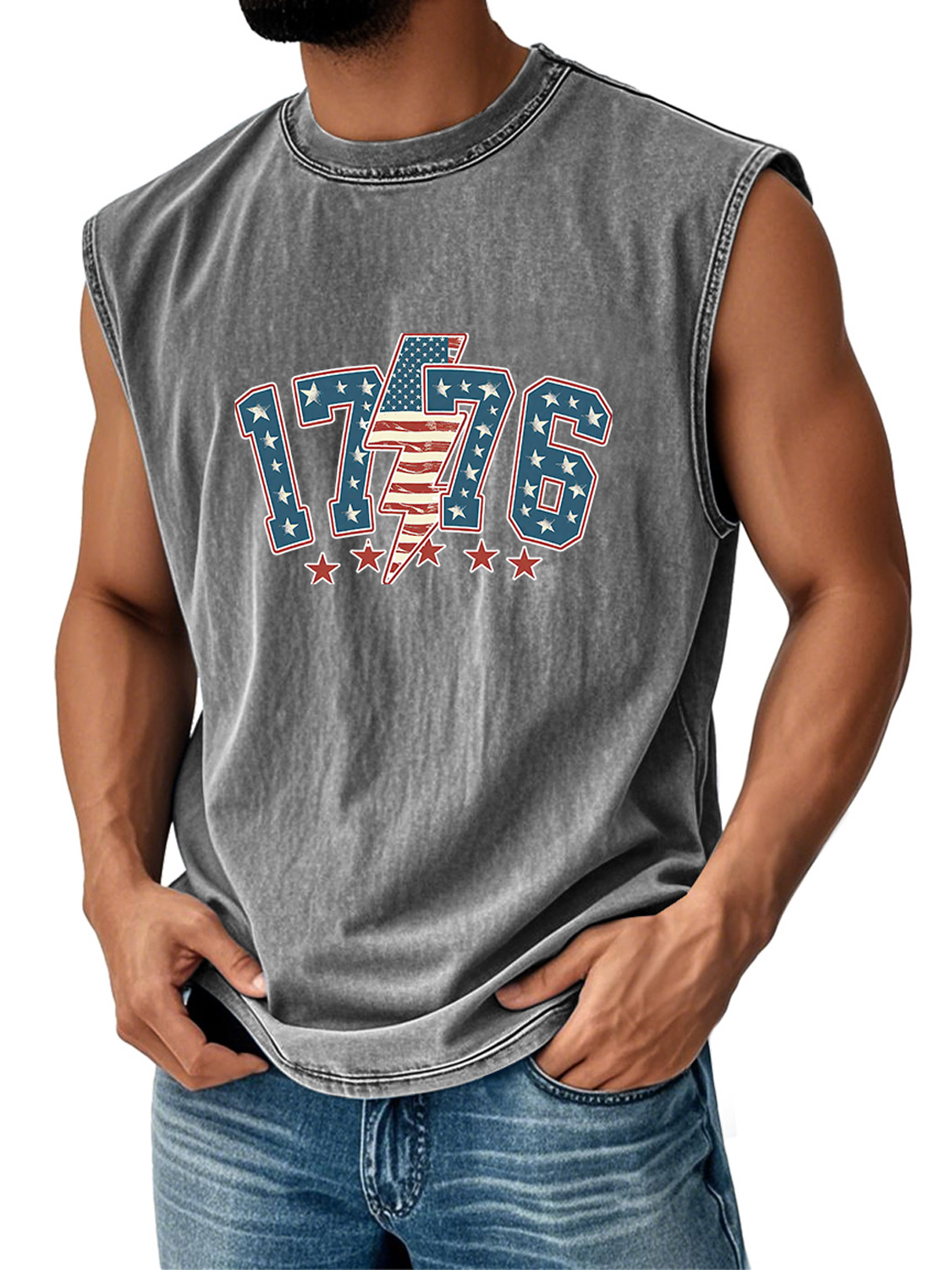 Men's Retro Everyday Independence Day 1776 Printed Casual Round Neck Sleeveless Vest