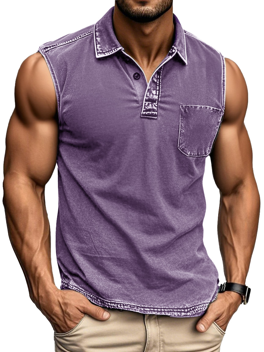 Men's Fashion Daily Distressed Fabric Pocket Sleeveless Polo Shirt